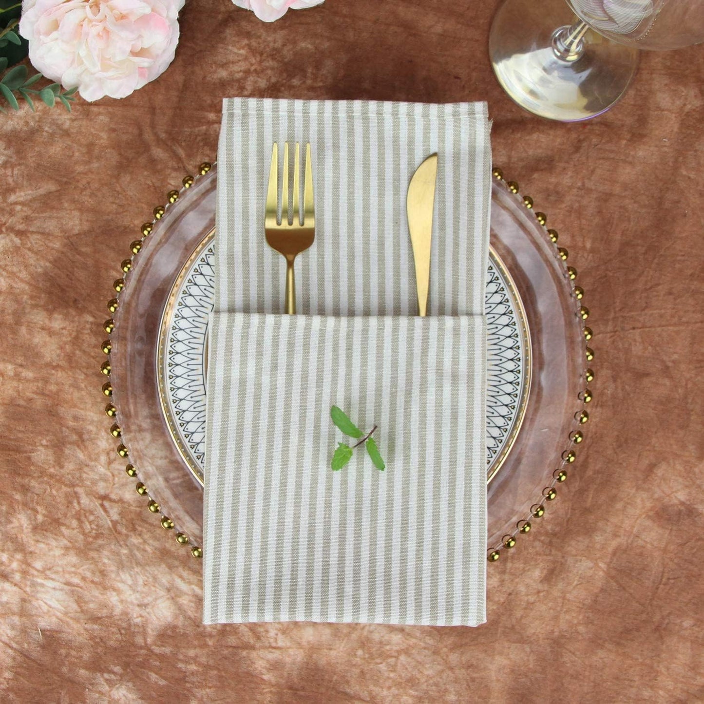 Plain Striped Cotton Linen Blended Dinner Cloth Napkins - Set of 12 (17 x 17 inches) - for Events & Home Use (Beige)