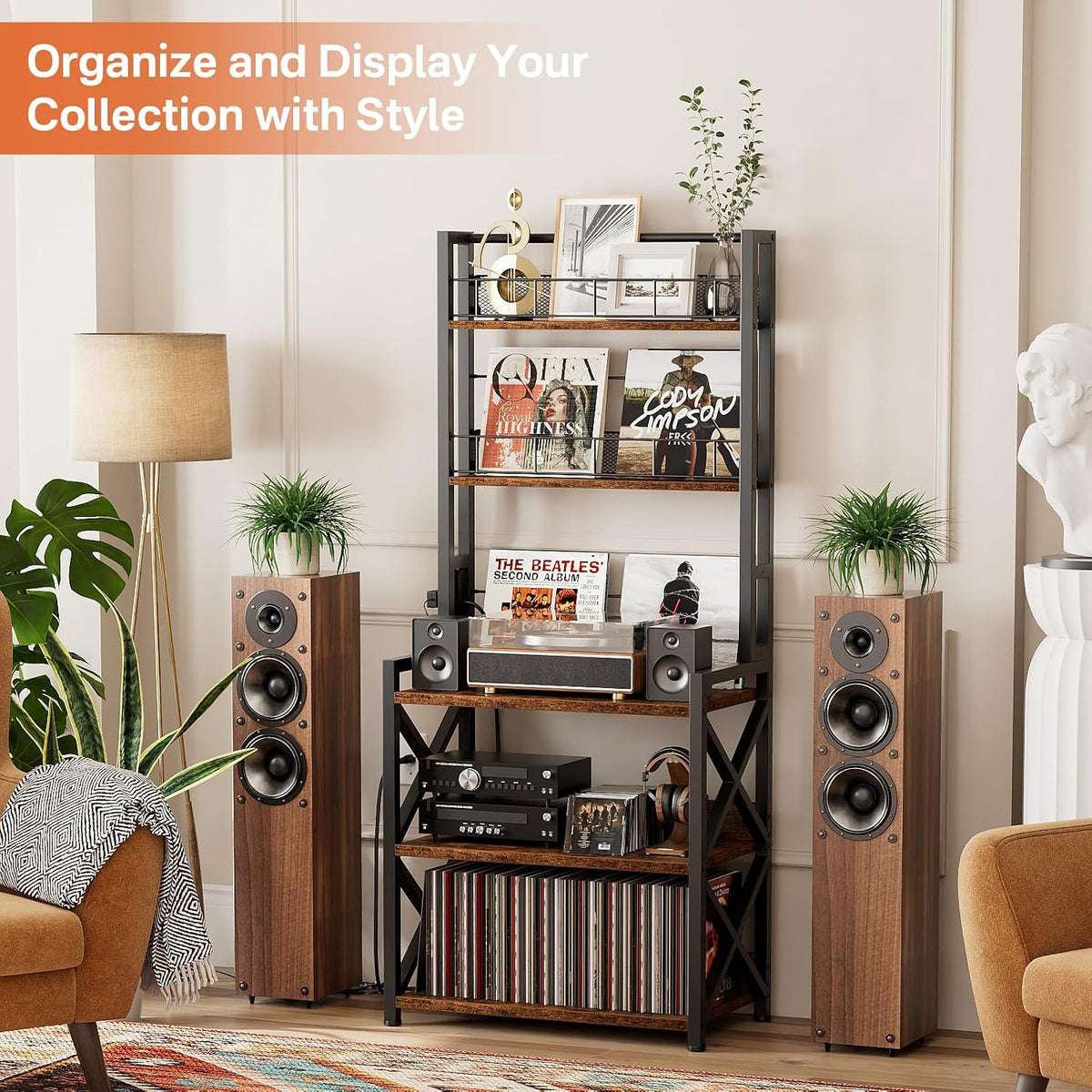 Record Player Stand with Power Outlet - Turntable Display Shelf | 5-tier Vinyl Record Storage Rack Holds 300 LPs, Media