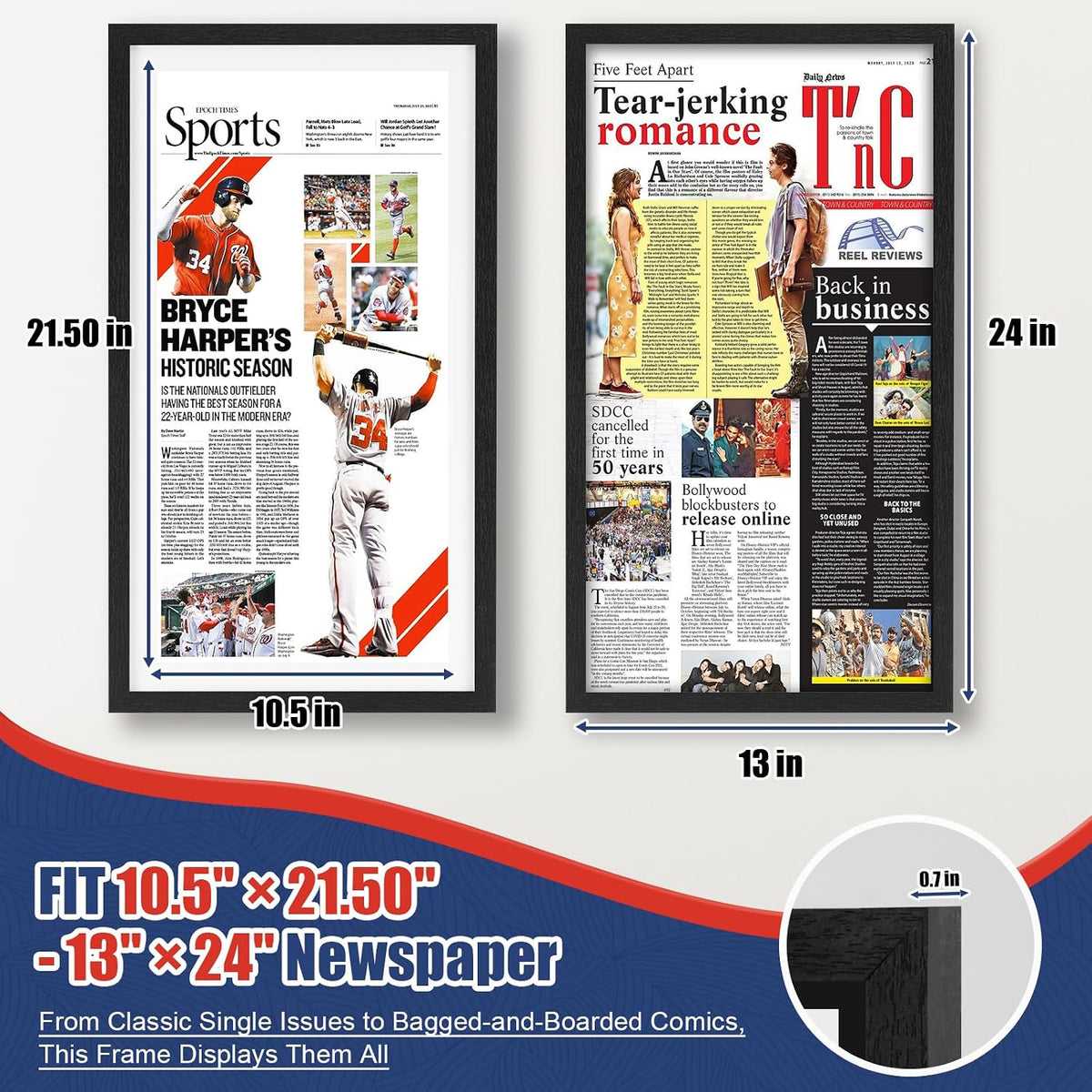 11 × 22 Up to 13 × 24 Newspaper Frame, Premium Wood Display Case with Acrylic Panel, Wall Mount or Tabletop Stand