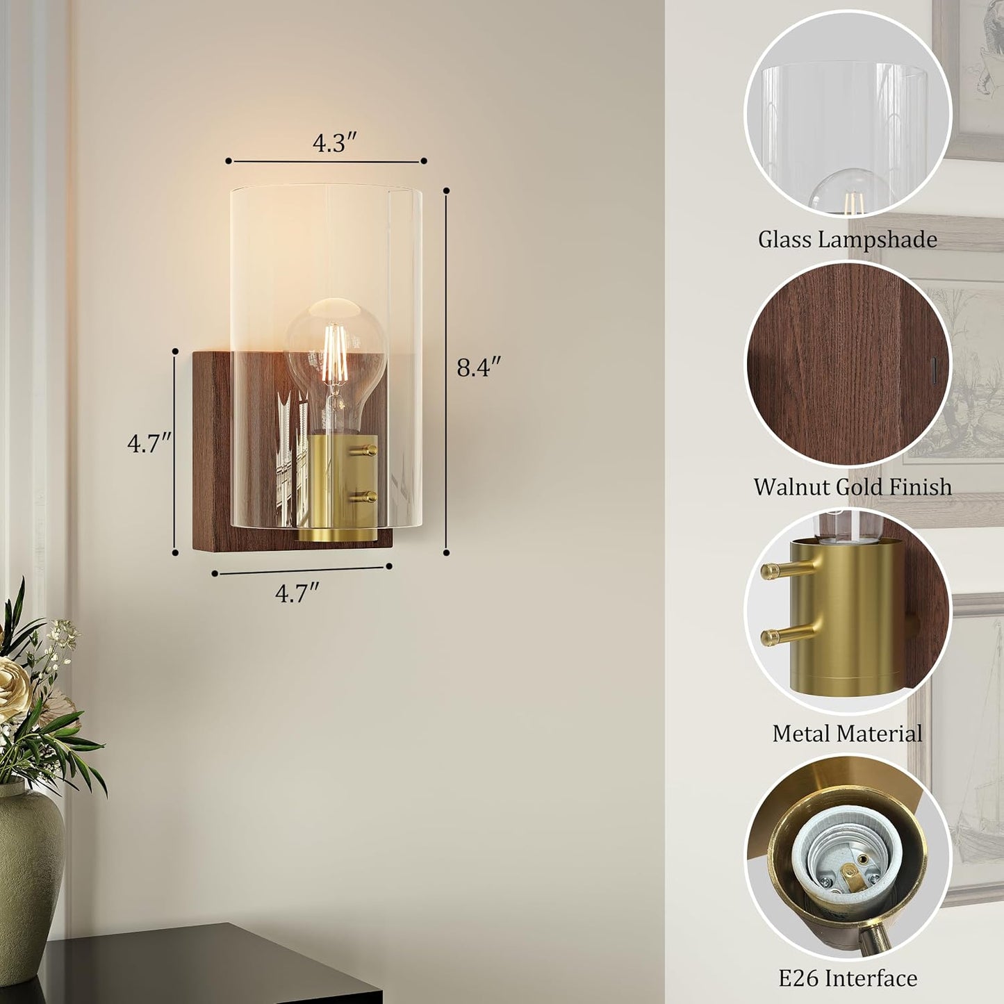 Modern Walnut Gold Battery Operated Wireless Wall Sconces Set of Two | Dimmable Rechargeable Wall Sconce with Remote