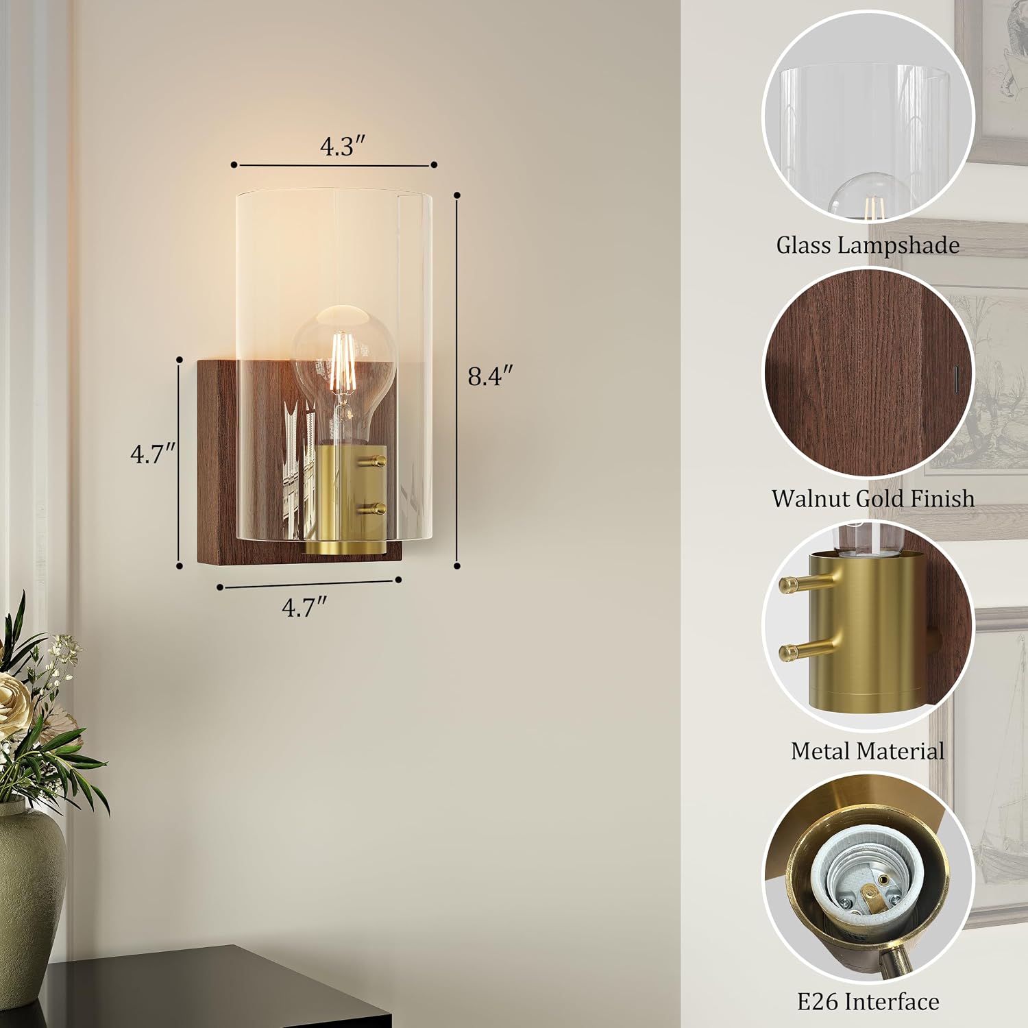 Modern Walnut Gold Battery Operated Wireless Wall Sconces Set of Two | Dimmable Rechargeable Wall Sconce with Remote