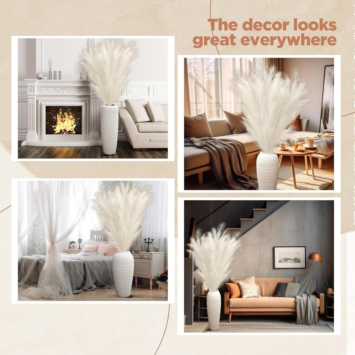 71'' Large Faux Pampas Grass Decor Tall Faux Pampas Grass Splicable Fake Dried / Beige / Set of 5
