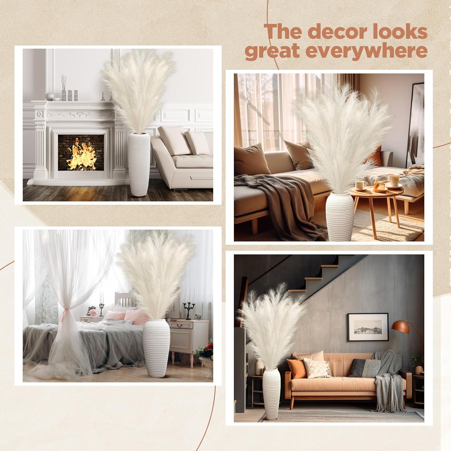 71'' Large Faux Pampas Grass Decor Tall Faux Pampas Grass Splicable Fake Dried / Beige / Set of 5