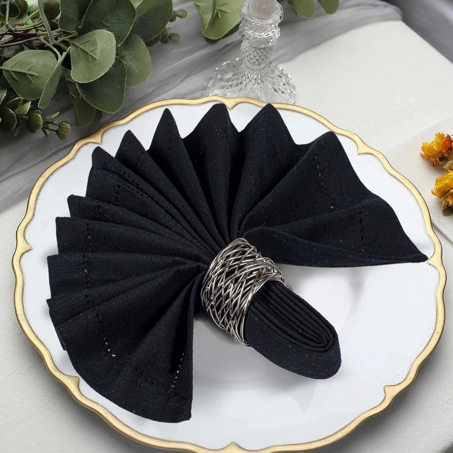 Bedding Craft Cloth Dinner Napkins Set of 12 – 18x18 Jet Black Linen-Look Hemstitched – Reusable Machine Washable