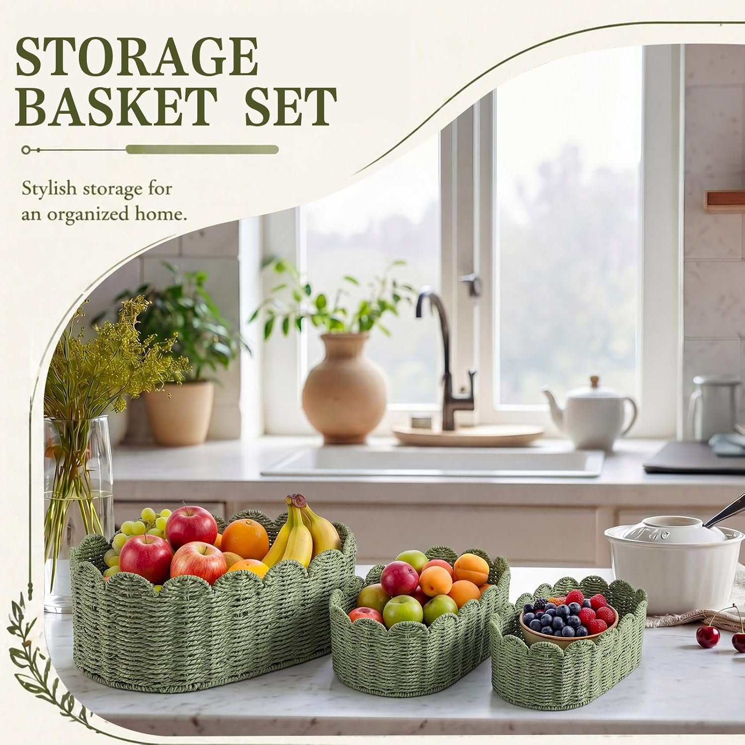 Scalloped Baskets for Organizing Paper Rope Storage Baskets Shelves / Sage Green / Set of 3