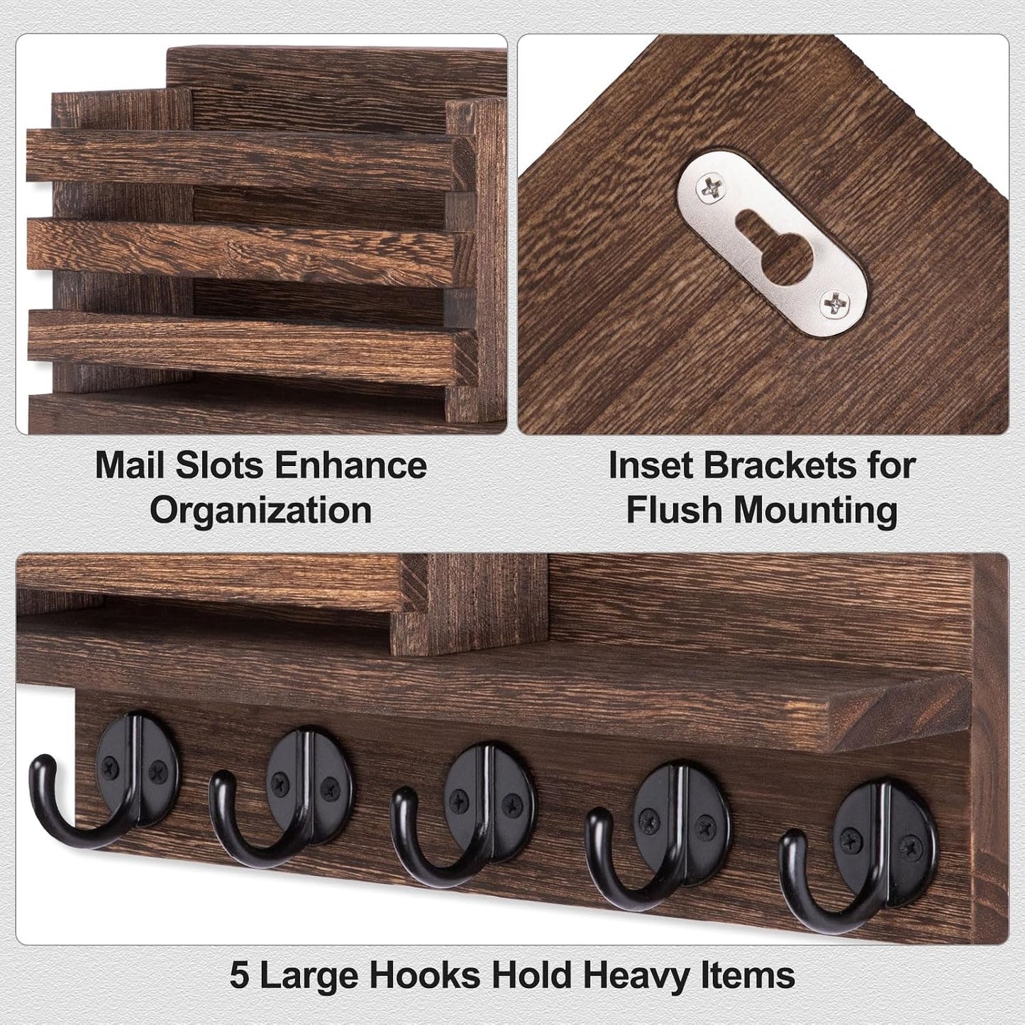 Decorative Wooden Mail Holder and Key Shelf / Brown / Large - 11.8inch