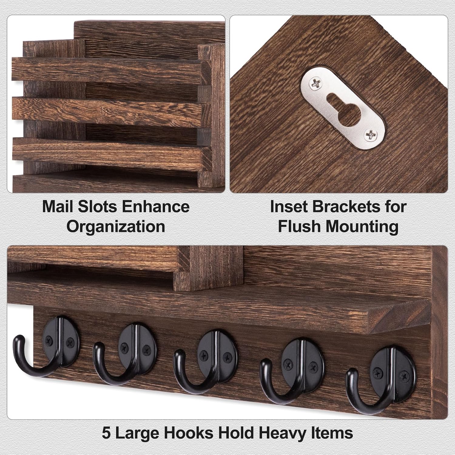 Decorative Wooden Mail Holder and Key Shelf / Brown / Large - 11.8inch