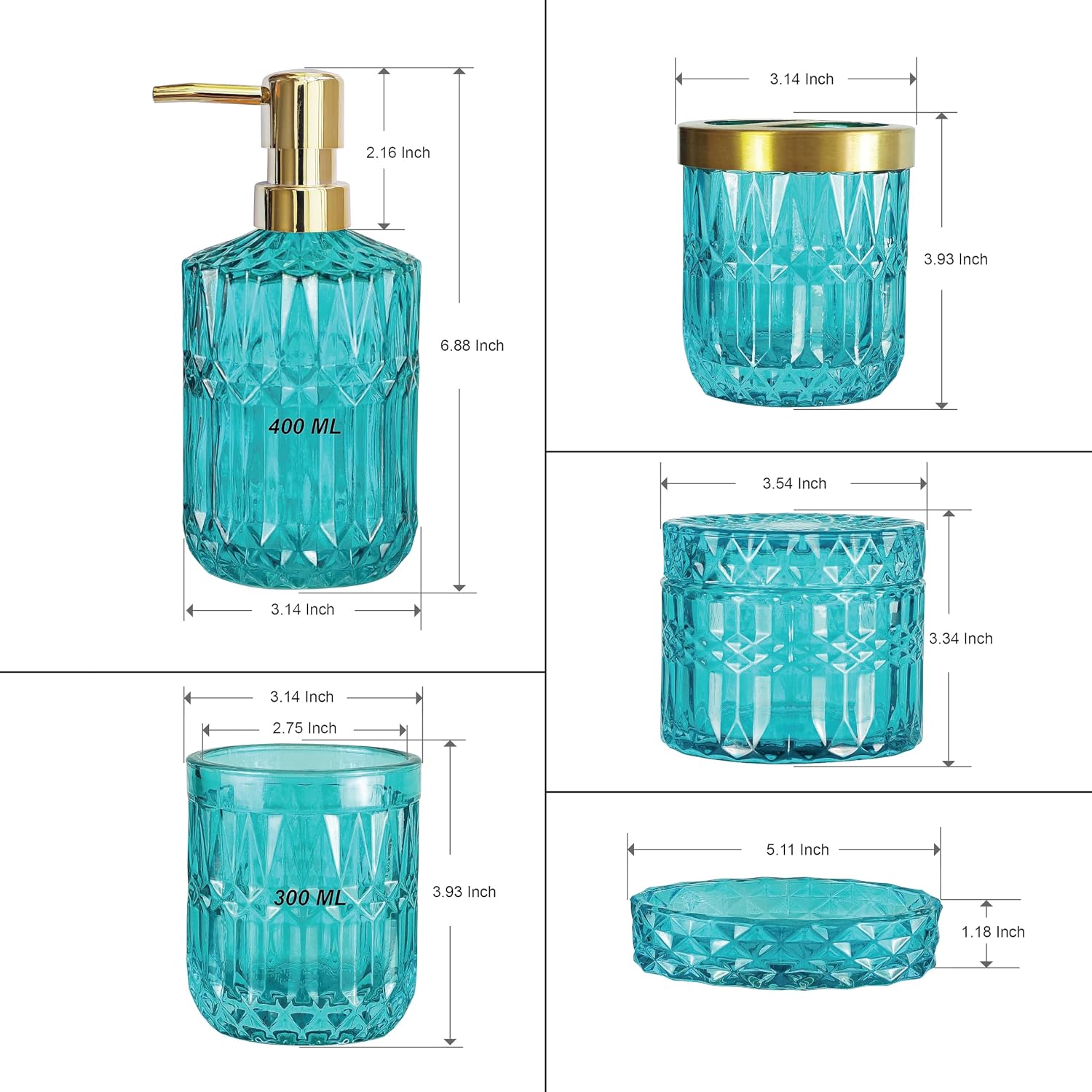 LaMarriti Teal Blue Bathroom Accessories Set, 5Pcs Glass Bathroom Set | Bathroom Soap Dispenser and Toothbrush Holder
