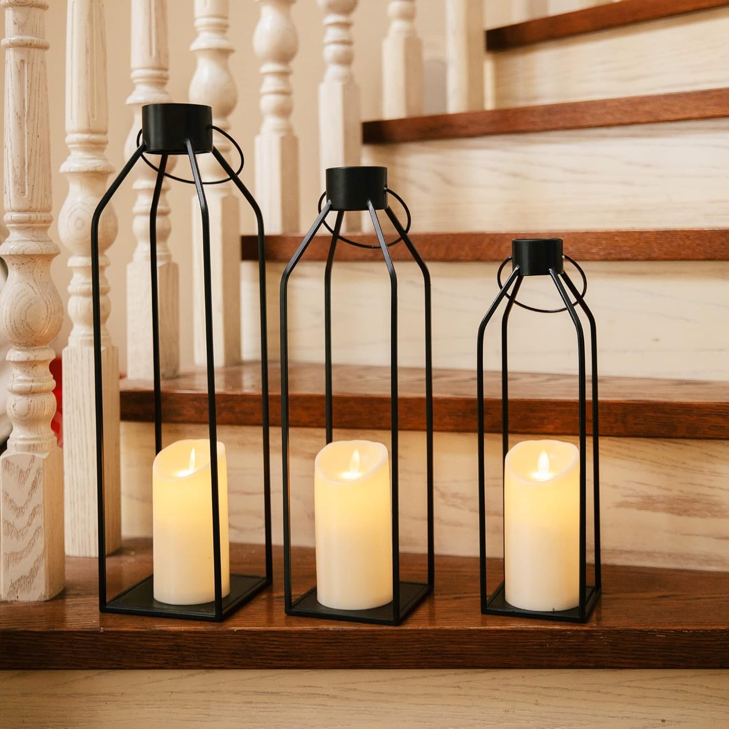 HPC Decor 22'' 19'' 16'' Lanterns Decorative w/Flickering Timer Candles- Tall Large Black Metal Candle Lanterns Set of