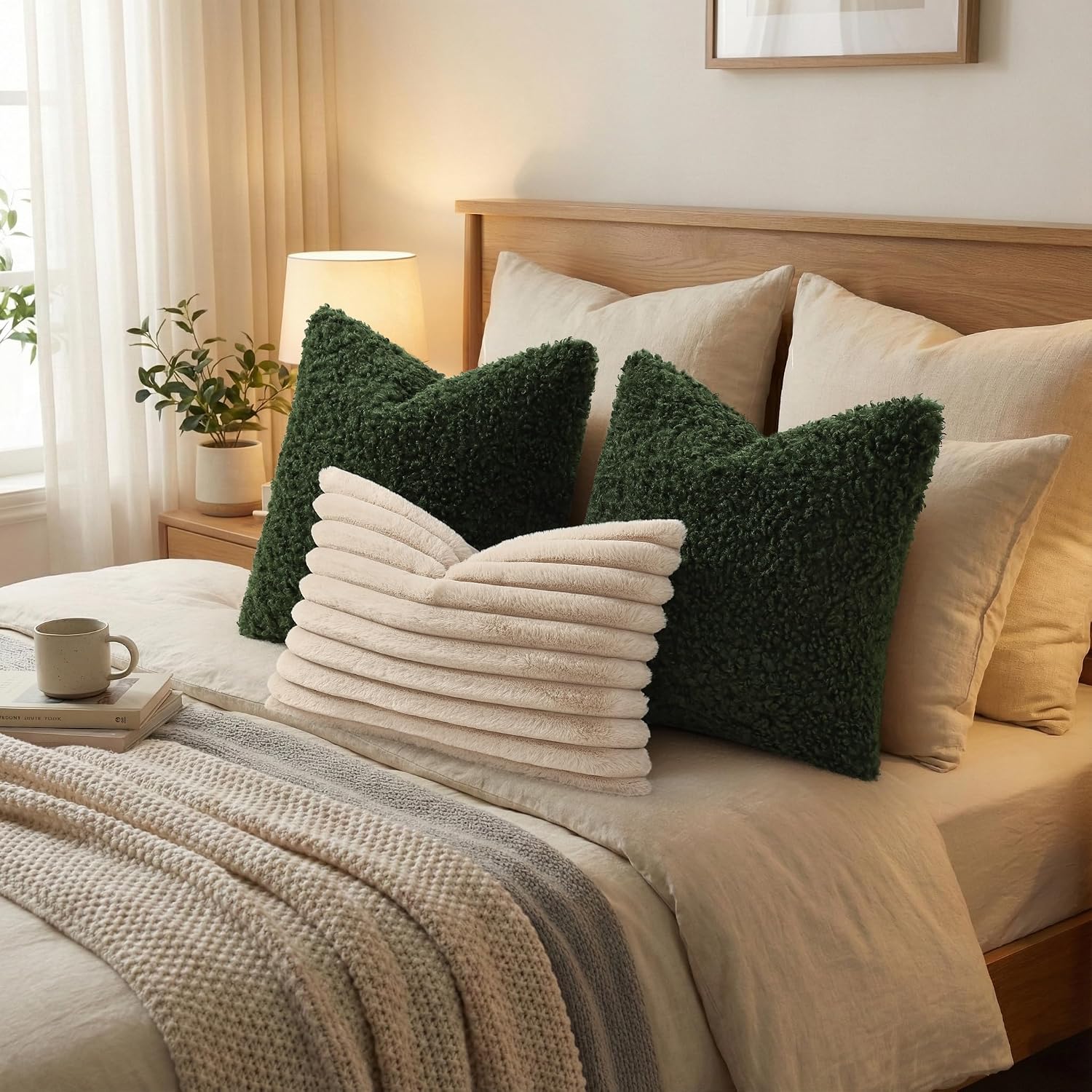 Faux Fur Decorative Sherpa Pillow Covers Fuzzy Accent Soft / Olive Green / 22 x 22 / Set of 2