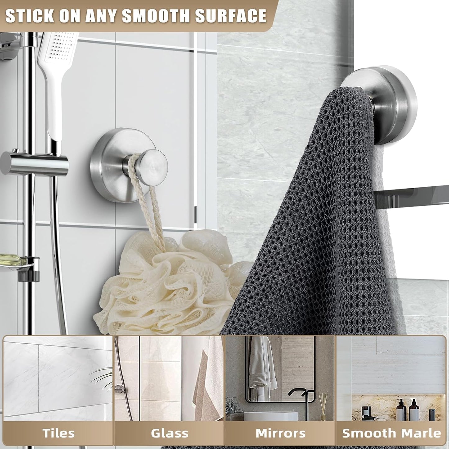 Suction Cup Hooks for Shower No-Drill Bathroom Hooks for Towels / Brushed Nickel / Set of 2