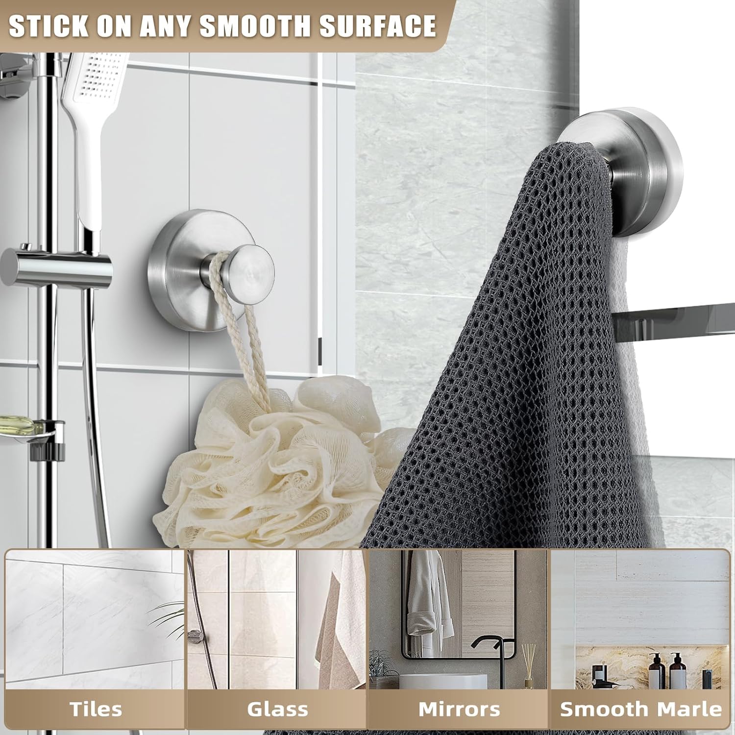 Suction Cup Hooks for Shower No-Drill Bathroom Hooks for Towels / Brushed Nickel / Set of 2