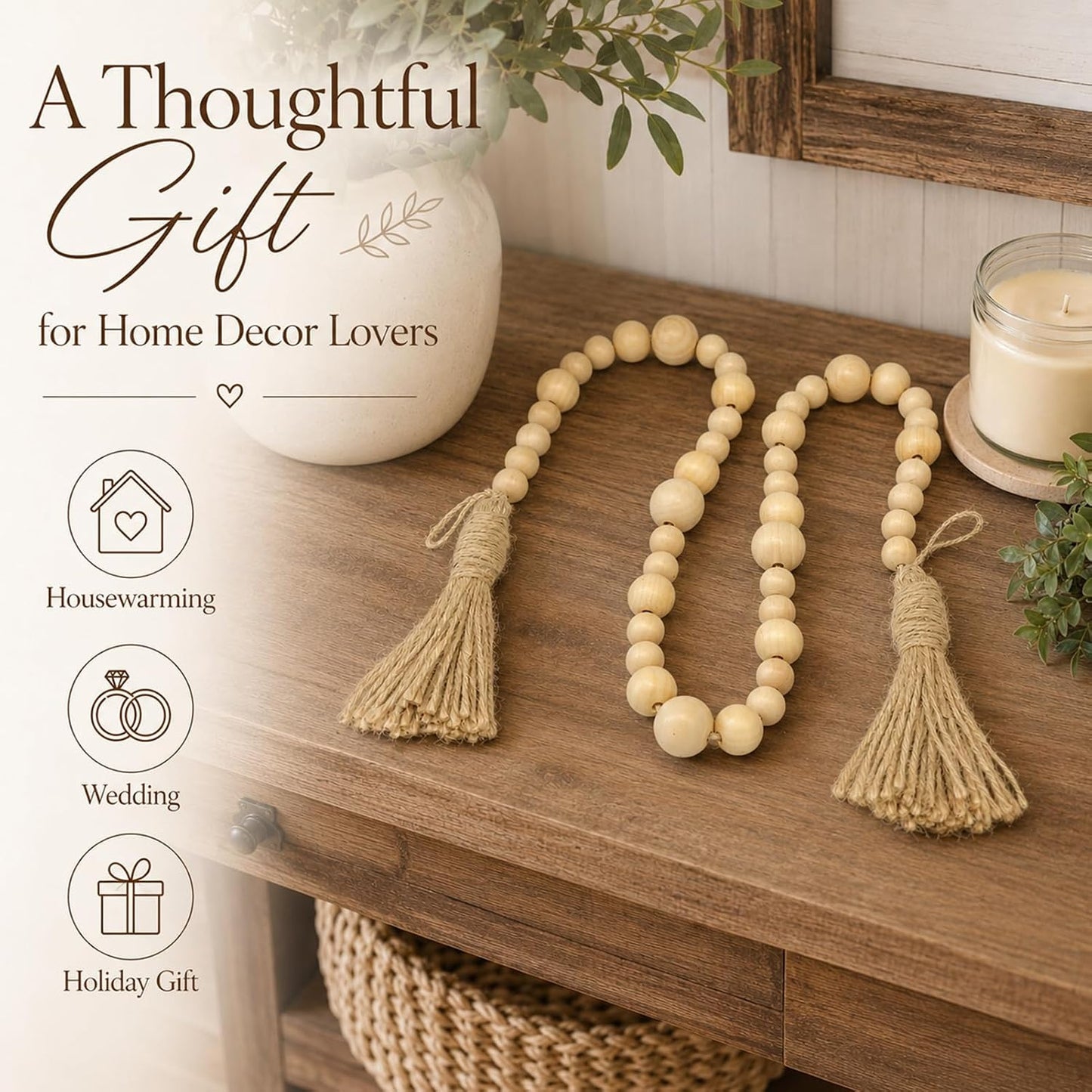Wood Bead Garland / Natural / 49.6 Inch