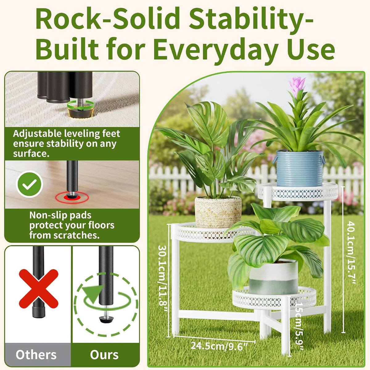 3 Tiered Tall Plant Stand Indoor Outdoor, Metral Plant Shelf for Corner Display Rack, Multi-Tier Folding Planter Pot