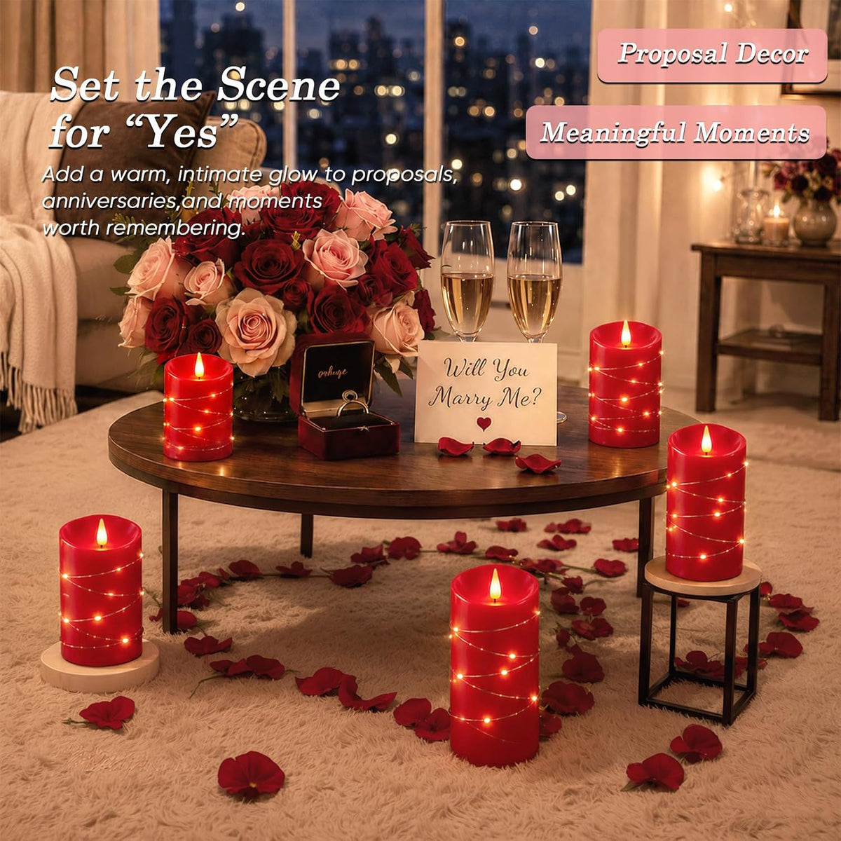 Homemory Red Flameless Candles with String Lights, 3 Pack Real Wax LED Pillar Candles with 3D Wicks, Battery Operated
