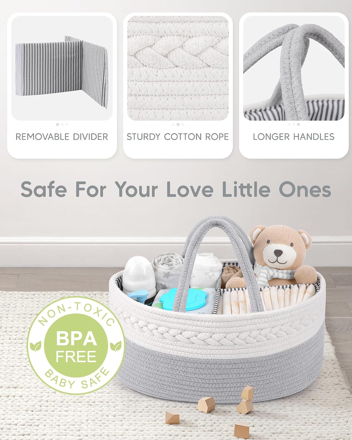 Diaper Caddy Organizer for Baby Boy- Cotton Rope for Changing Table / Large / Grey