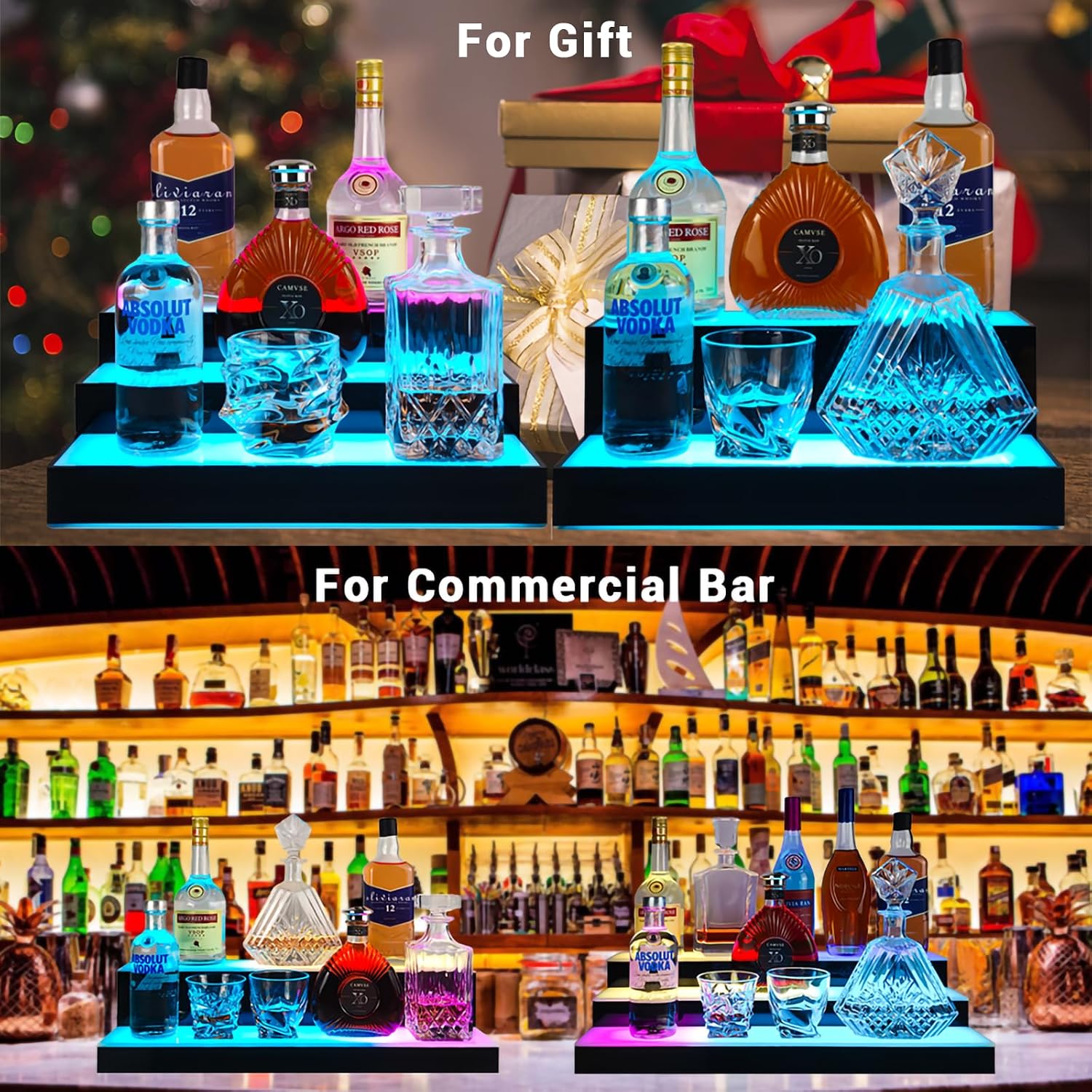 GOH&FTY LED Lighted Liquor Bottle Display Shelf,APP 16inche 3Step LED Bar Shelf with Wireless Remote& Multicolor LED
