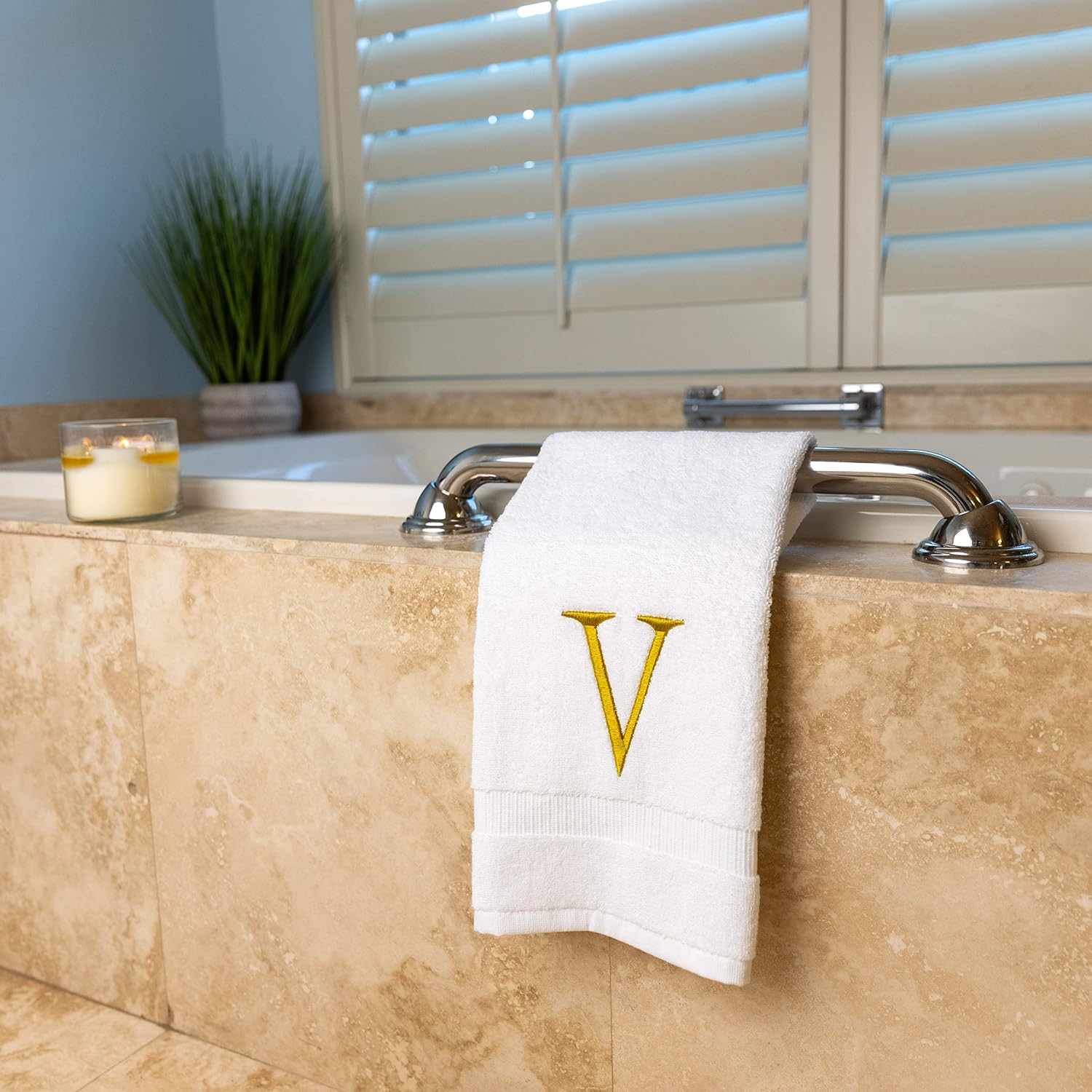 White with Gold Monogrammed Hand Towels for Bathroom - Set of 2 Letter V | Luxury Hotel Quality Initial Towels For