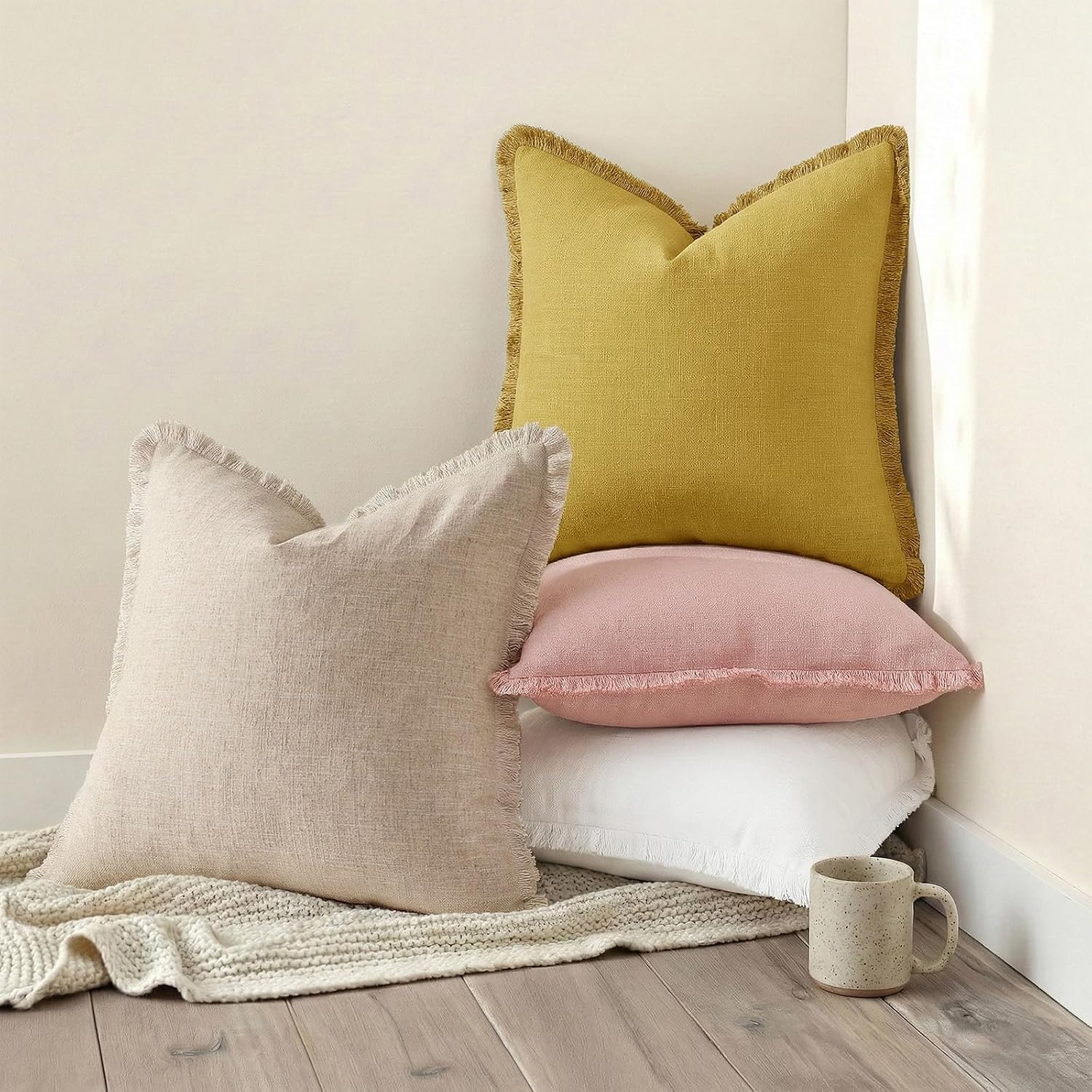 Summer Decorative Neutral Linen Fringe Throw Pillow Covers Pillow / Cream White / 18 x 18 / Set of 2