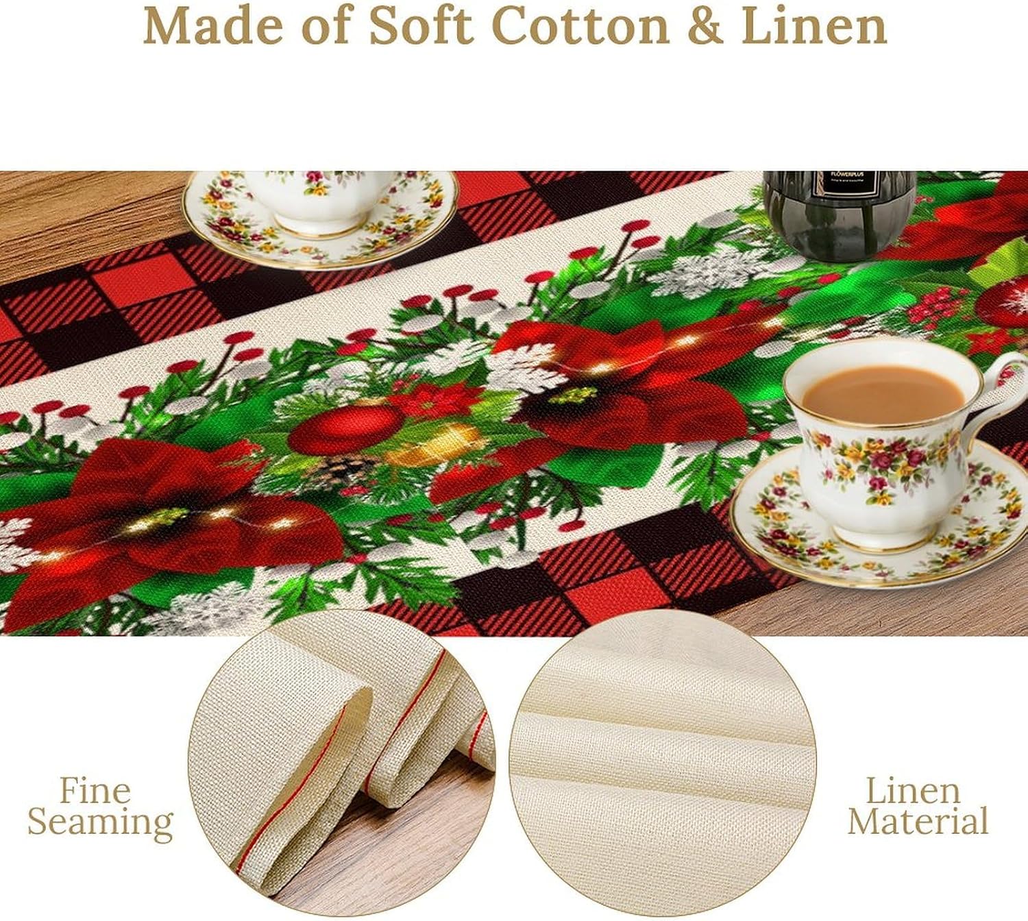 Christmas Linen Table Runner, Red and Black Buffalo Plaid Winter Xmas Holiday Farmhouse Style Patterns Printed Linen