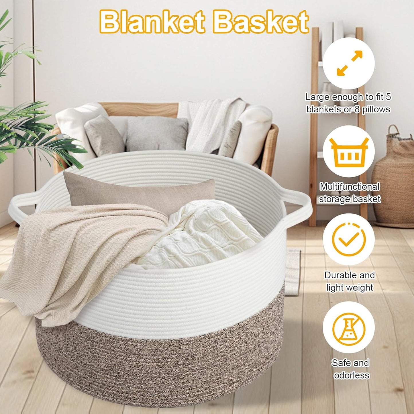 Large Laundry Basket 22''x14''Woven Cotton Rope Baby Blanket Basket / White//brown / 100L
