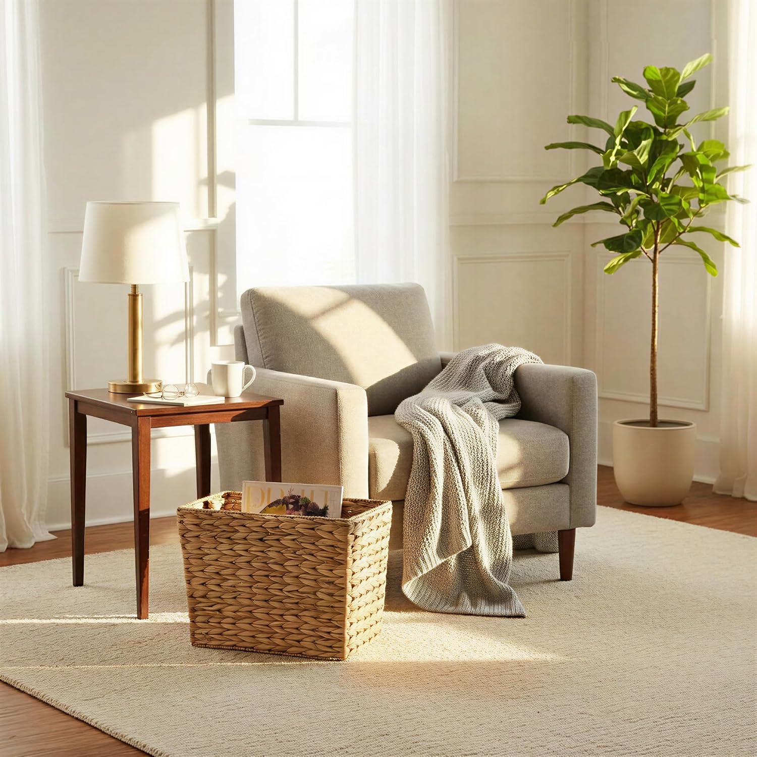 Household Essentials Side‑by‑Side Magazine Rack Decorative Storage Organizer with Handwoven Water Hyacinth and Metal