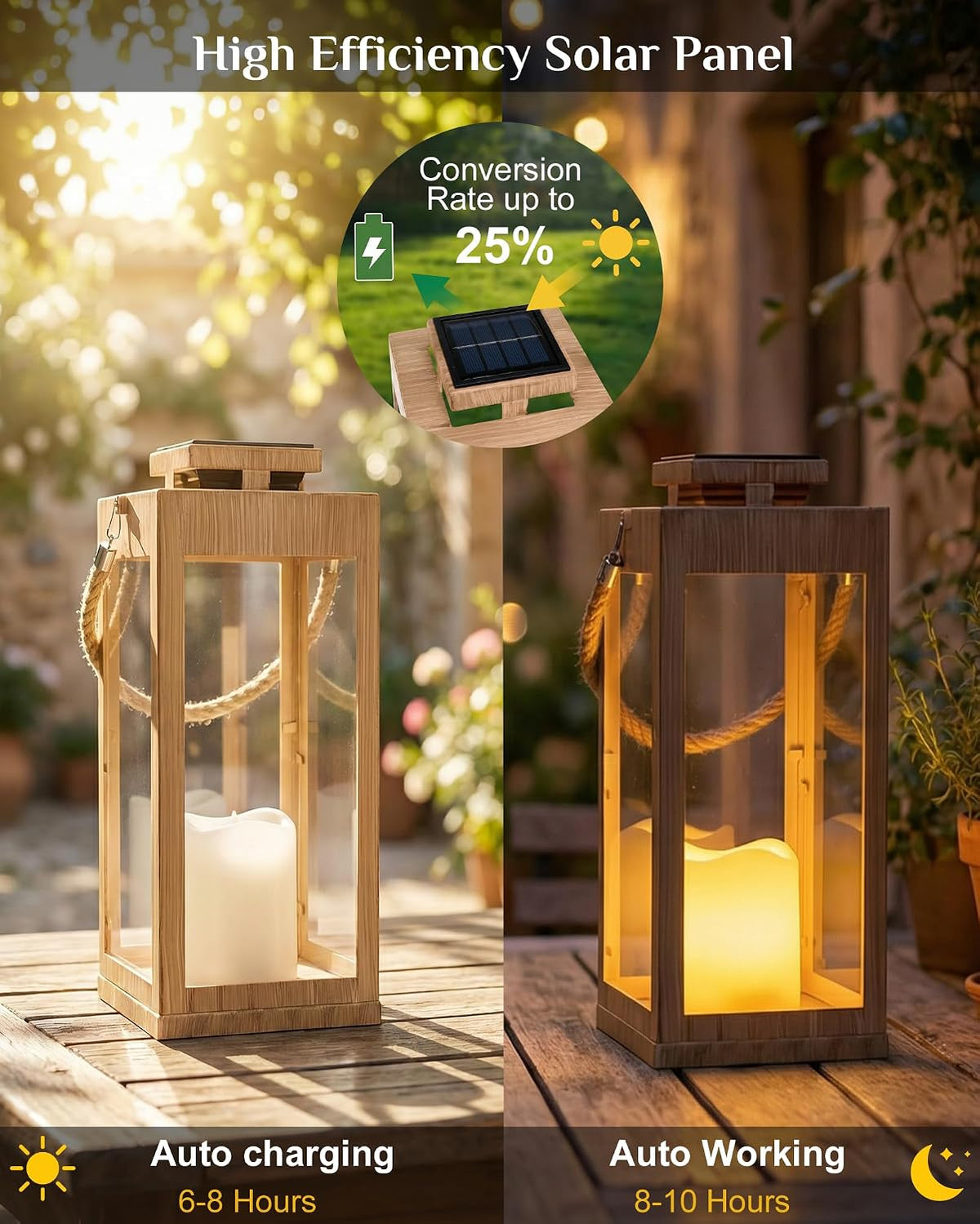 2Pack 13" Metal Decorative Porch Lanterns Solar Lanterns Outdoor Waterproof | LED Flickering Flameless Candle