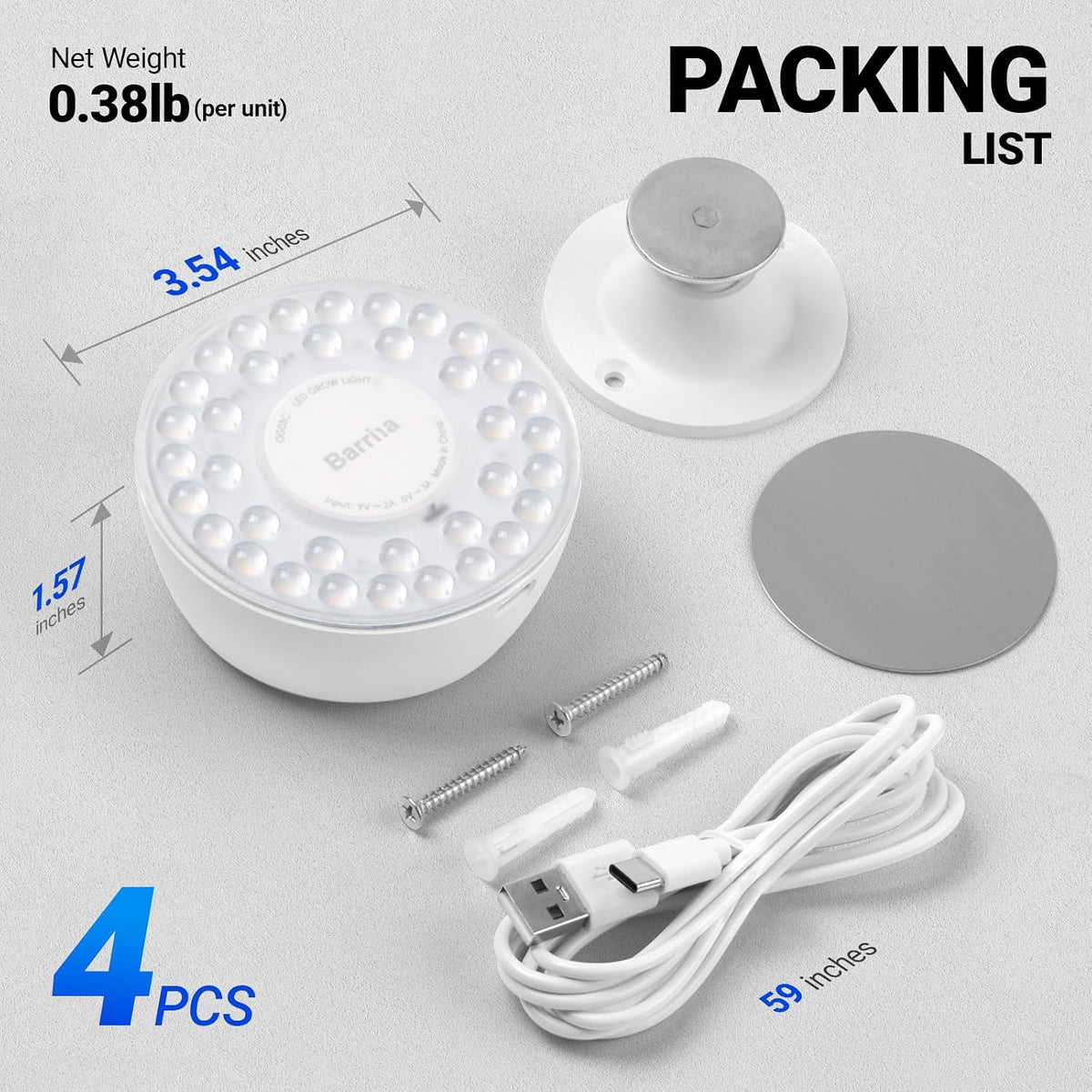 Barrina Orbgrow OG03C Rechargeable Puck Grow Light, 5000K, 4 Packs, White | Cordless Full Spectrum Plant Light for