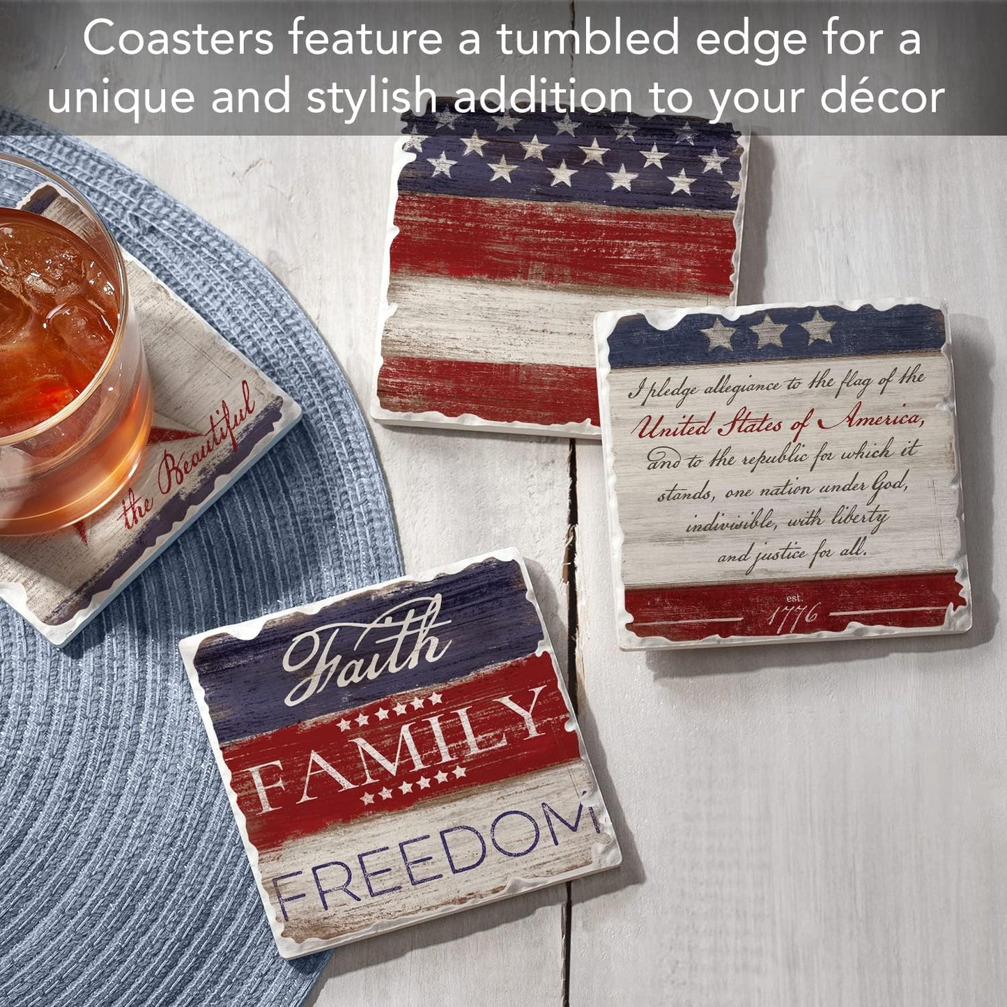 Thirstystone Americana Assorted Tumbled Tile Stone Coasters Manufactured in the USA / Set of 4