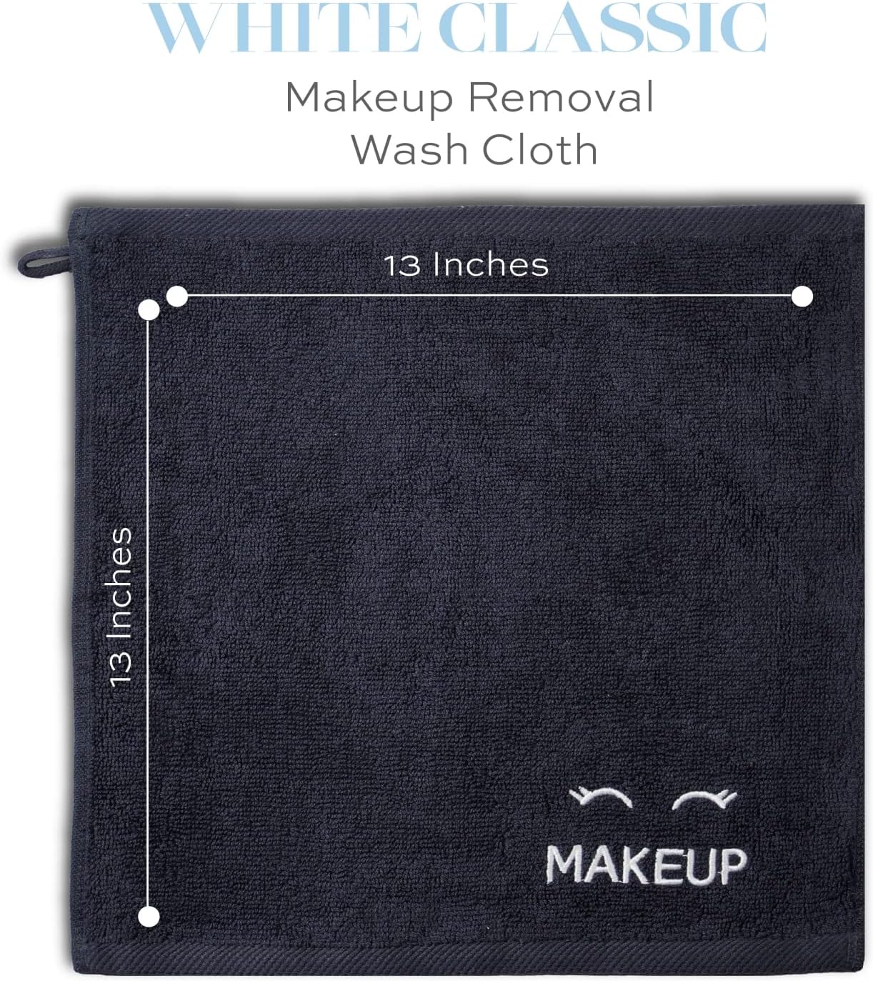 White Classic Bleach Safe Black Makeup Washcloths for Face Cleansing, 12 Pack - Super Soft Luxury Cotton Black Makeup