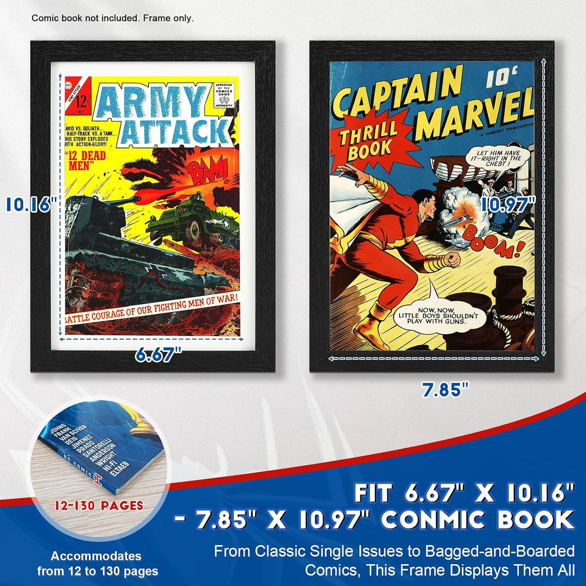 Comic Book Frame, Premium Wood Display Case for 6 11/16" × 10 3/16" Comic, Wall Mount or Tabletop Stand, Layered Design