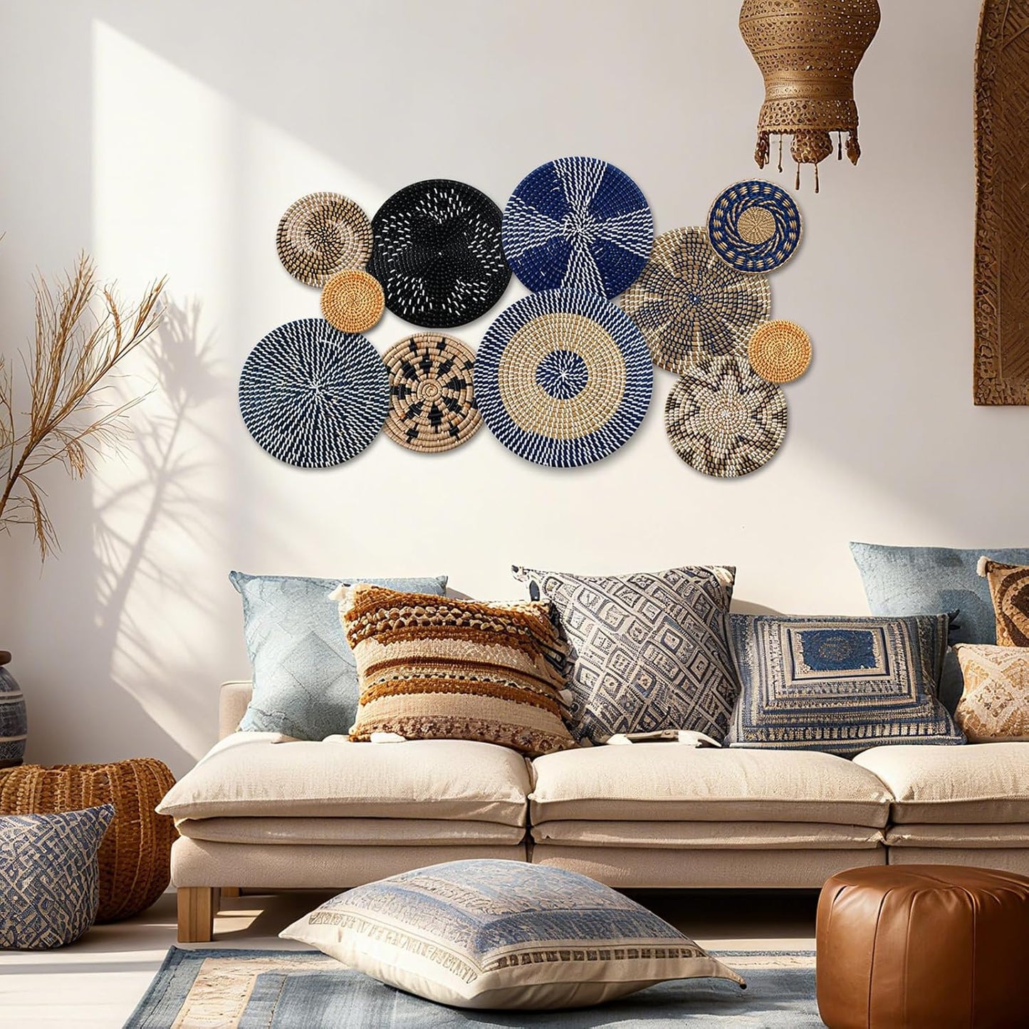 Boho Wall Basket Decor Bulrush Woven Wall Hanging Art Round Farmhouse Rustic / Blue / Set of 11