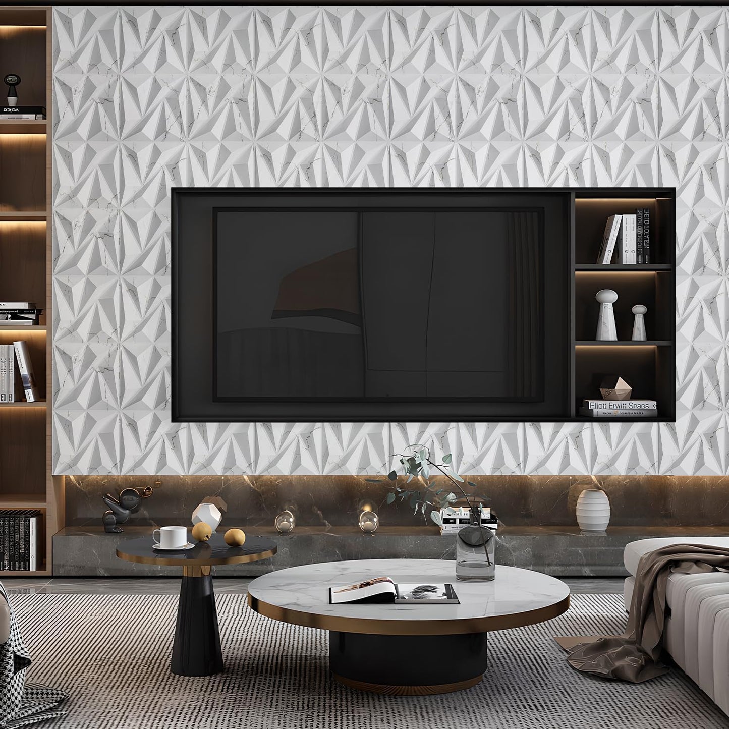 STICKGOO 3D Wall Panels Diamond, White Marble Mixed Gold Thread, 12''x12'' | Accent Wall Panels for Interior Wall