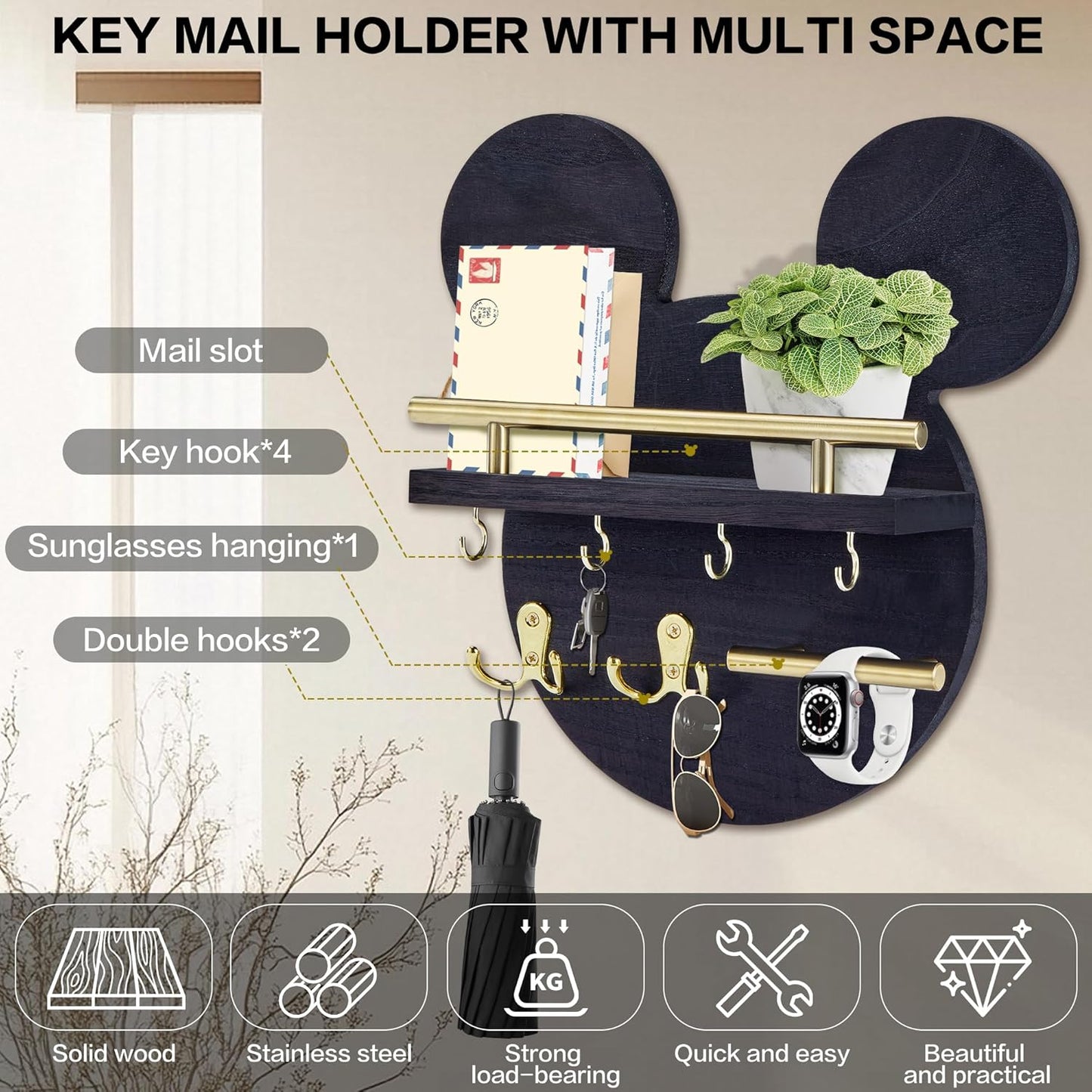 Key Holder / Shelf and 6 Hooks / Black