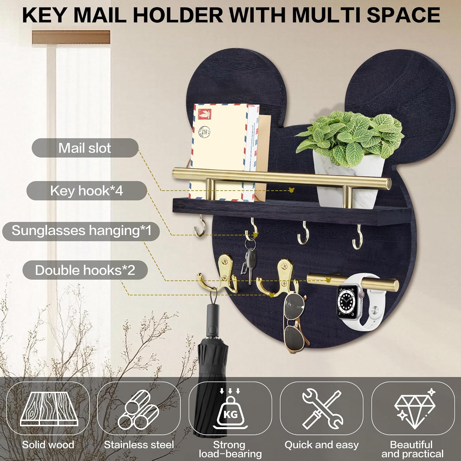 Key Holder / Shelf and 6 Hooks / Black
