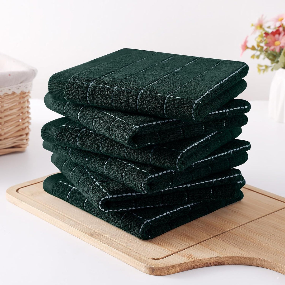 Homaxy 100% Cotton Terry Kitchen Dish Cloths, 12 Pack, Blackish Green | Ultra Soft and Absorbent Dish Towels for
