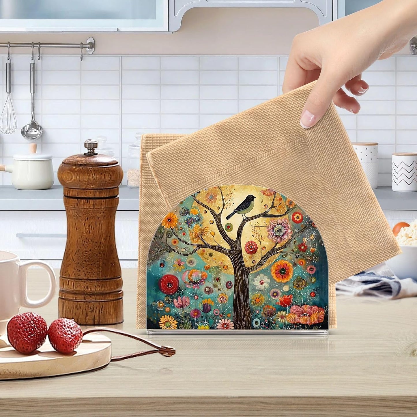 Napkin Holder Acrylic Tissue Dispenser Non-Slip Holds 50-60 Napkins Freestanding / Tree of Life