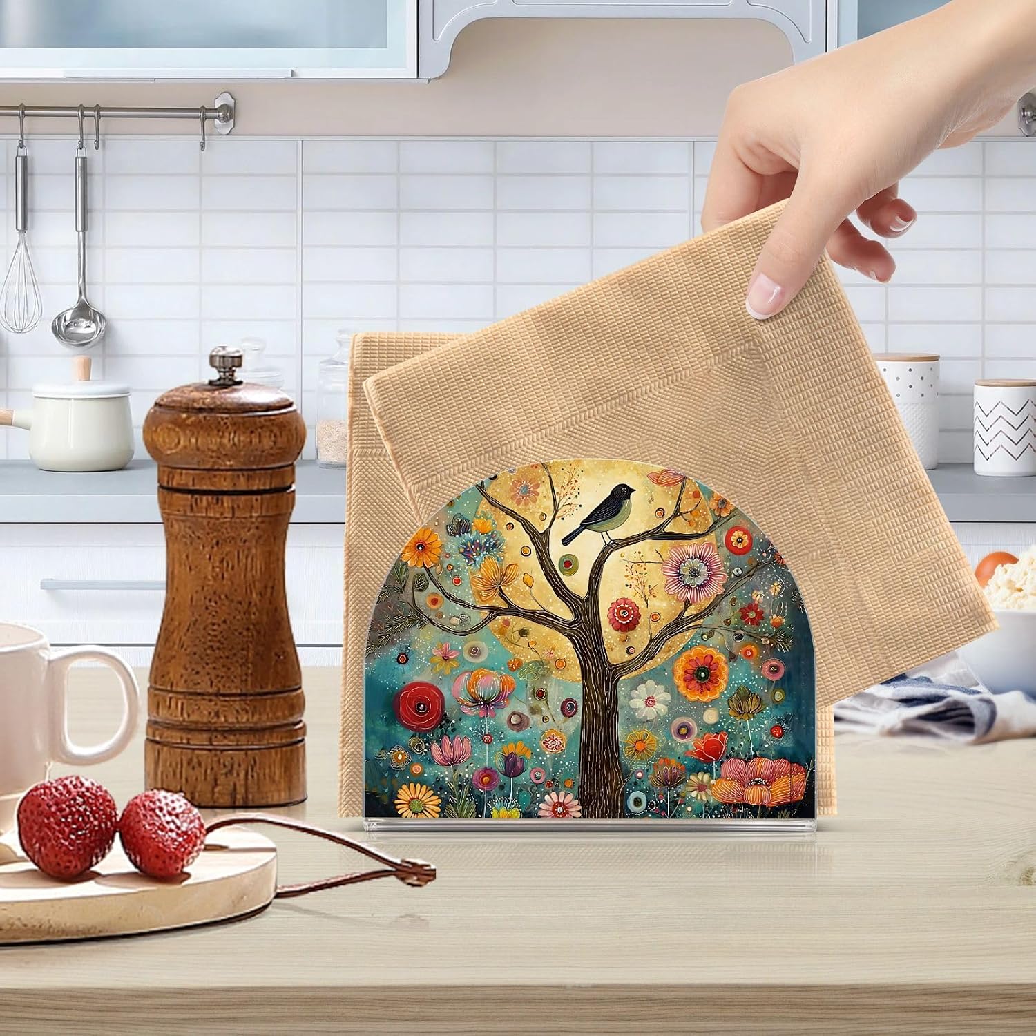 Napkin Holder Acrylic Tissue Dispenser Non-Slip Holds 50-60 Napkins Freestanding / Tree of Life