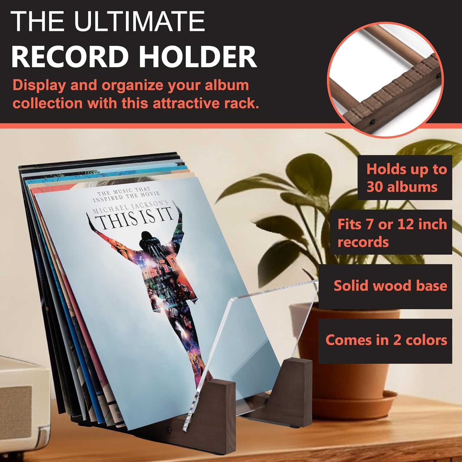 Vinyl Record Storage Holder - Stacks up to 30 Albums, 7 or 12 inch - Solid Wood Stand with Clear Acrylic Ends - Display