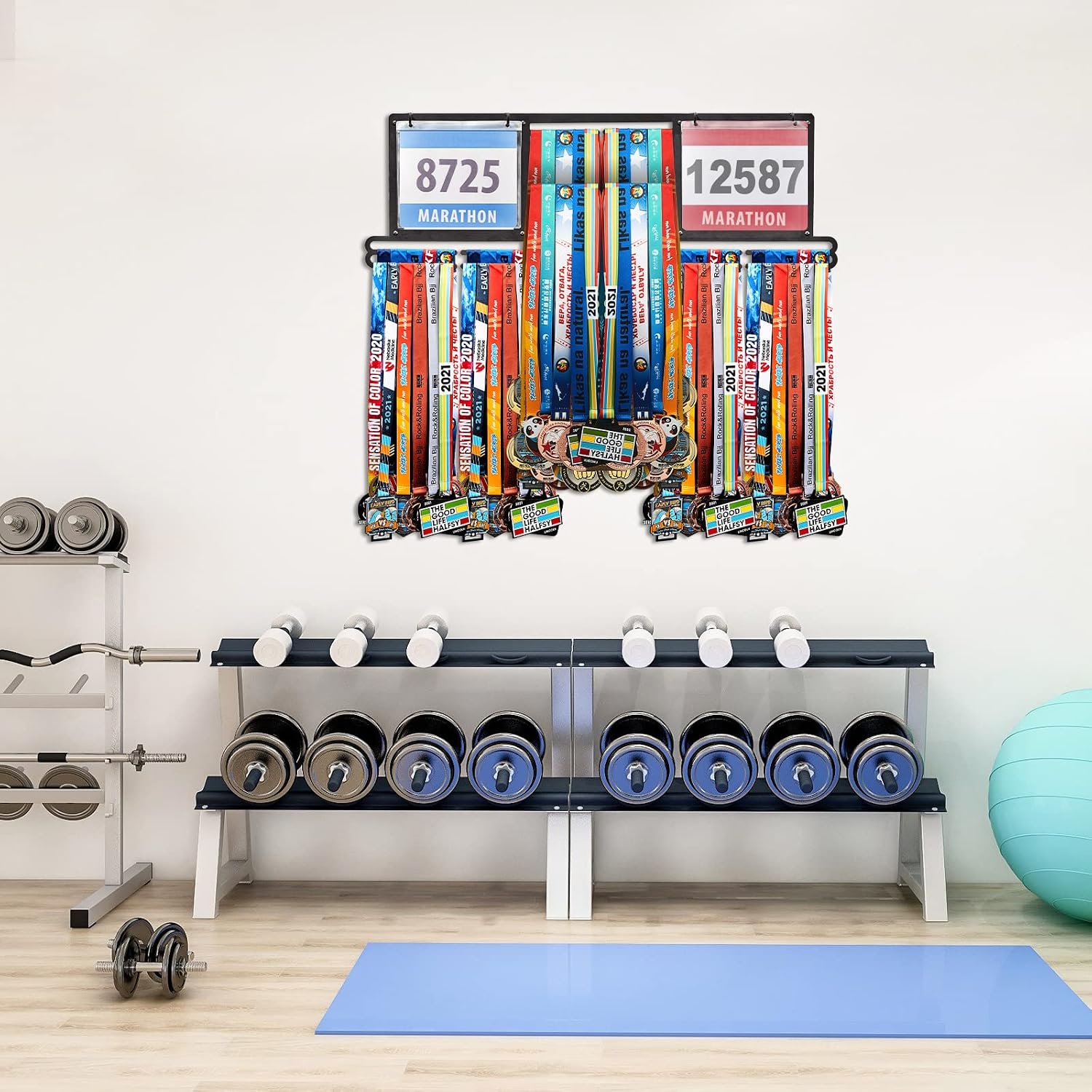 Race Bib and Medal Display Hanger, Metal Rack Holder Wall Mounted Award Rack for Runners, Displays Over 100 Medals and