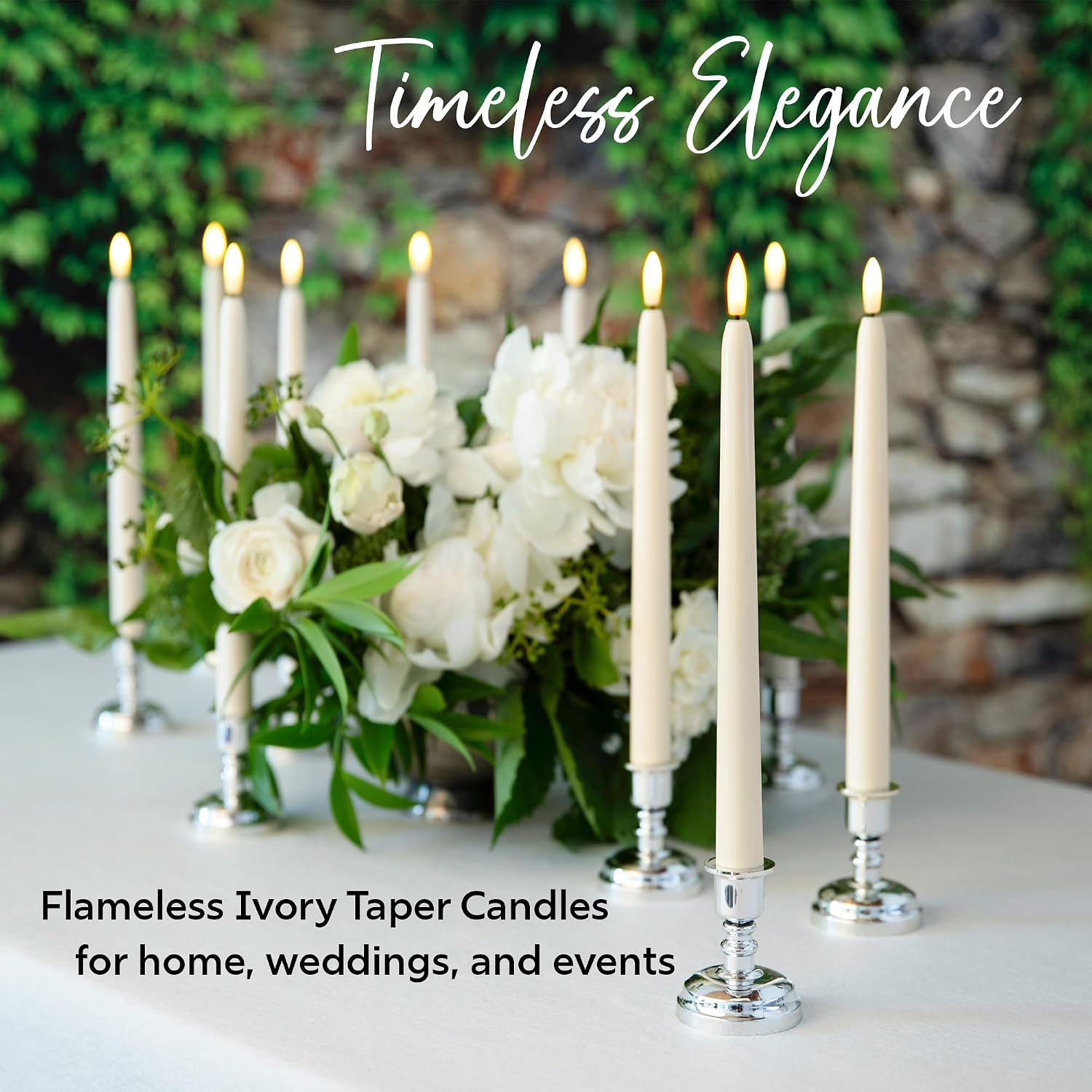 Set of 10 Daily Timer Flameless LED Ivory 10" Taper Candles with Realistic Black Wick, Daily Timer Remote Control and