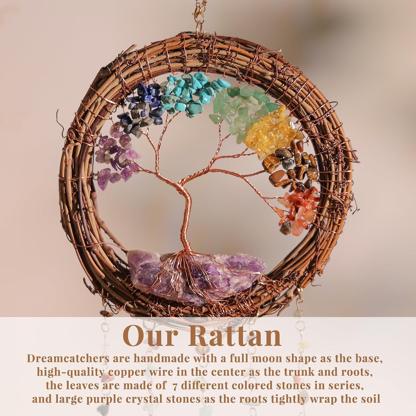 7 Chakra Tree of Life Dream Catcher Native Boho Dreamcatcher Rattan Wall Decor / Rattan-crystal