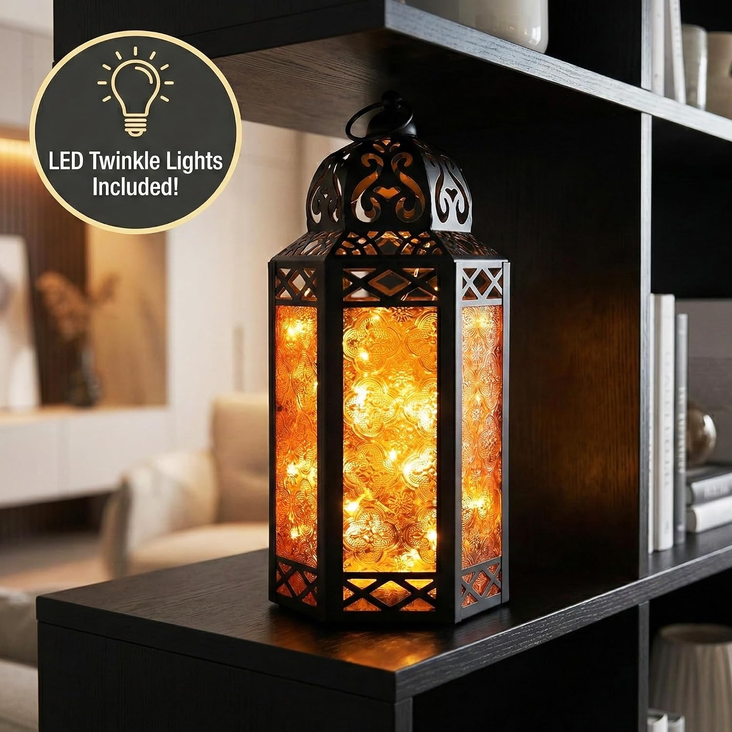 Vela Lanterns Decorative Indoor LED Light Halloween Holder, Amber, L, 2-PK | Orange Fall Decorations, Fantasy Moroccan