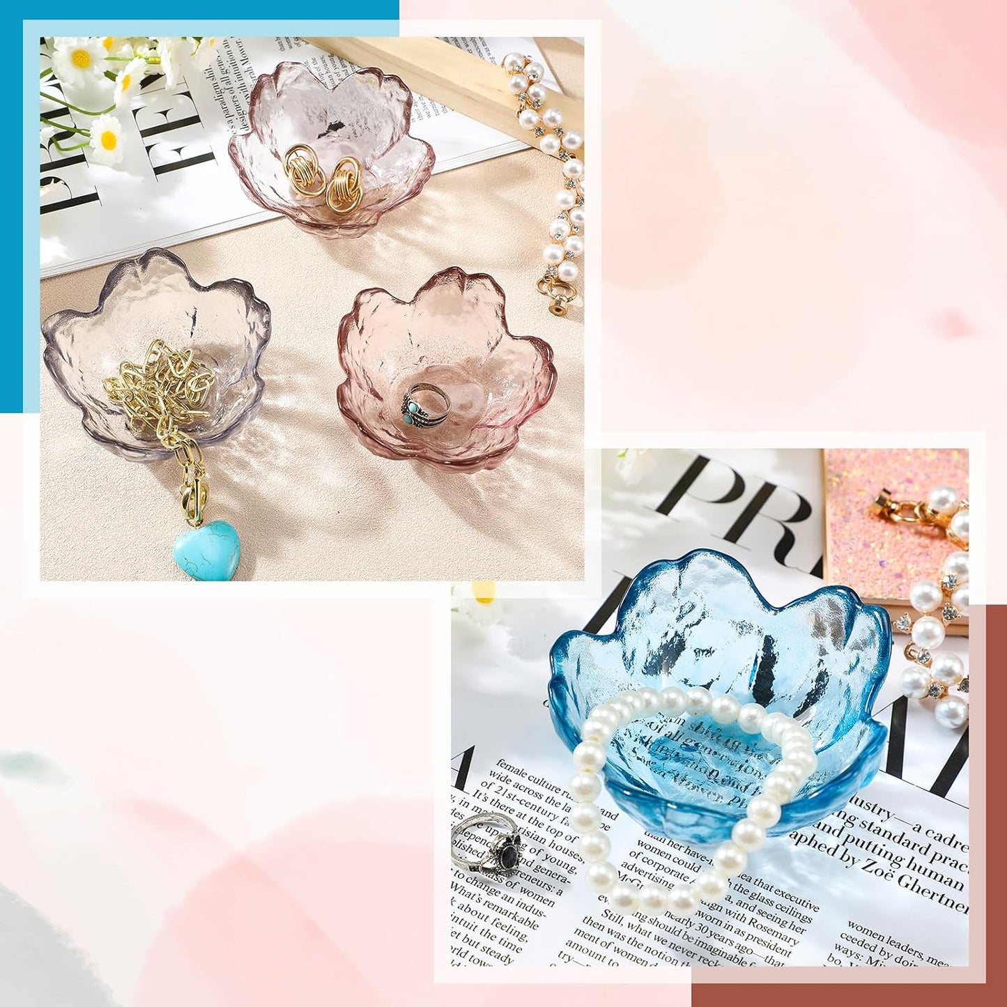 Flower Jewelry Dish Glass Ring Holder Small Decorative Trinket Tray Aesthetic Jewelry / Set of 4
