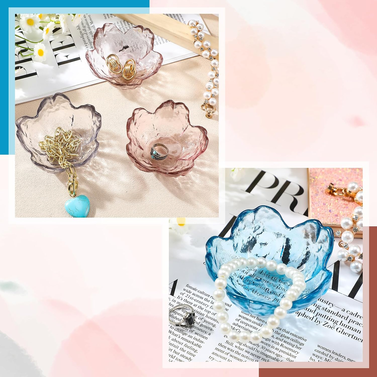 Flower Jewelry Dish Glass Ring Holder Small Decorative Trinket Tray Aesthetic Jewelry / Set of 4