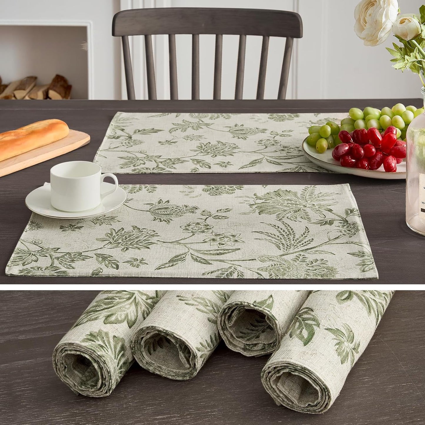 JINCHAN Sliva Linen Floral Placemats Set of 4 Farmhouse 13x19 Sage Green | Fabric Placemats, Cottage Style, Painterly