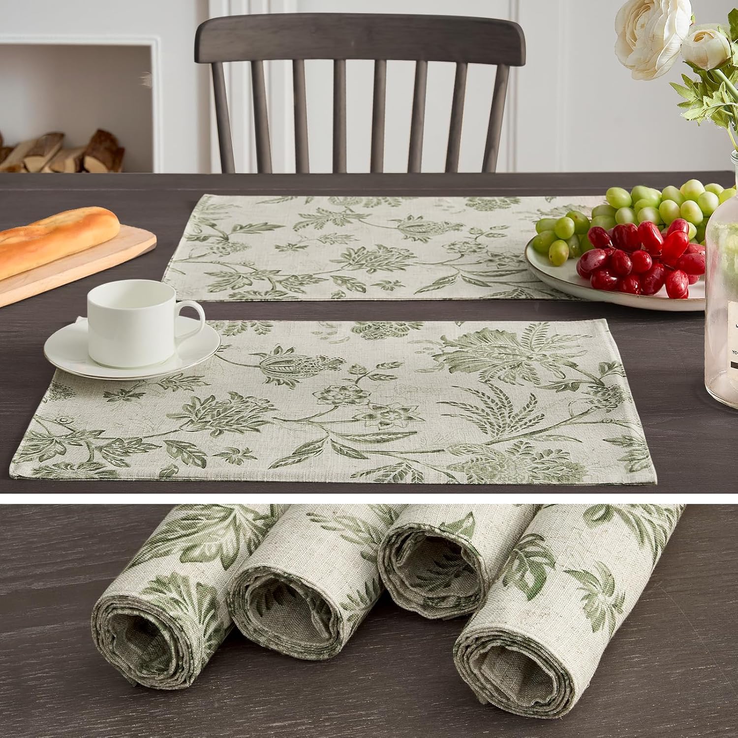 JINCHAN Sliva Linen Floral Placemats Set of 4 Farmhouse 13x19 Sage Green | Fabric Placemats, Cottage Style, Painterly