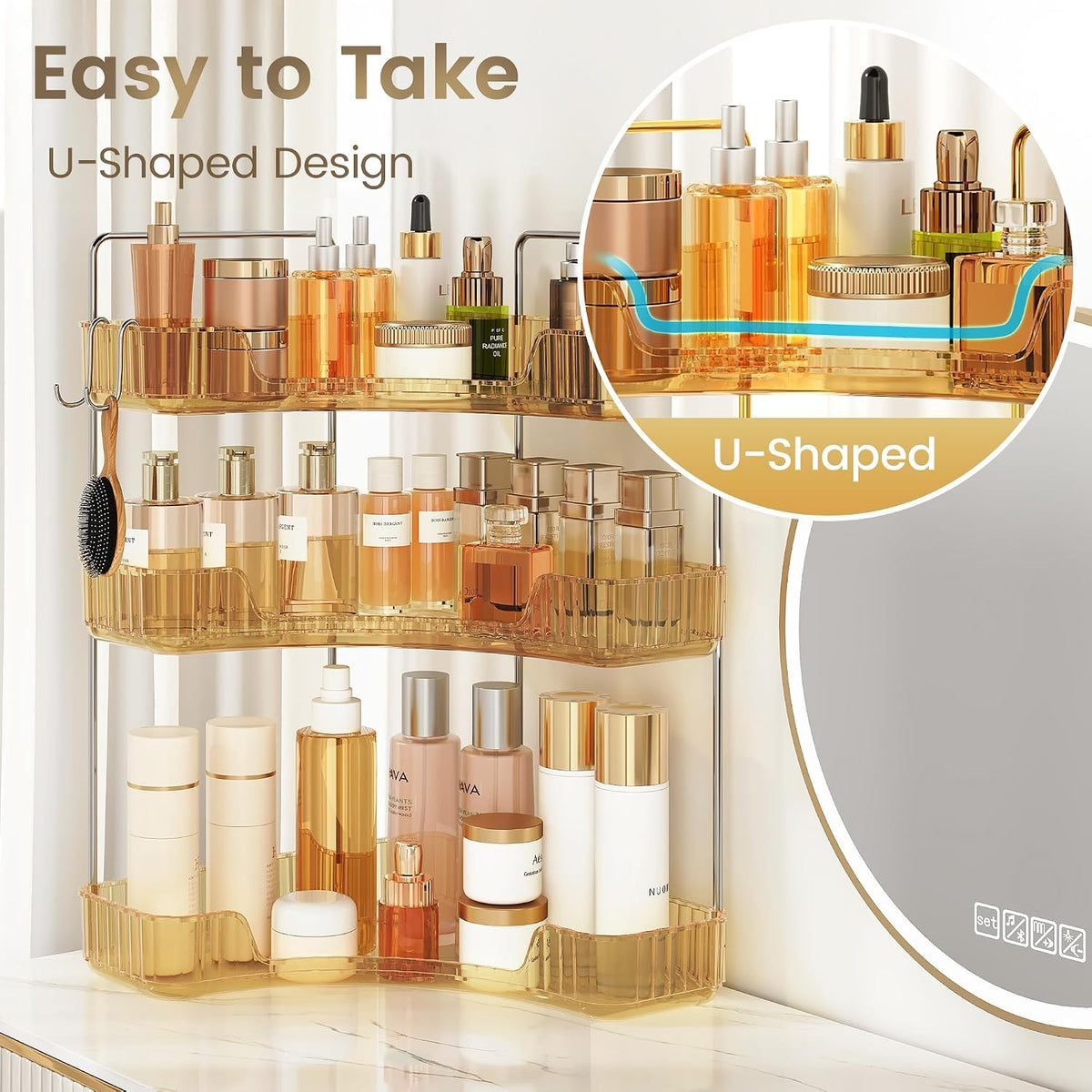 3 Tiers Bathroom Corner Organizer,Bathroom & Kitchen Storage Tray | Storage Countertop with Hooks Skin Care Exquisite