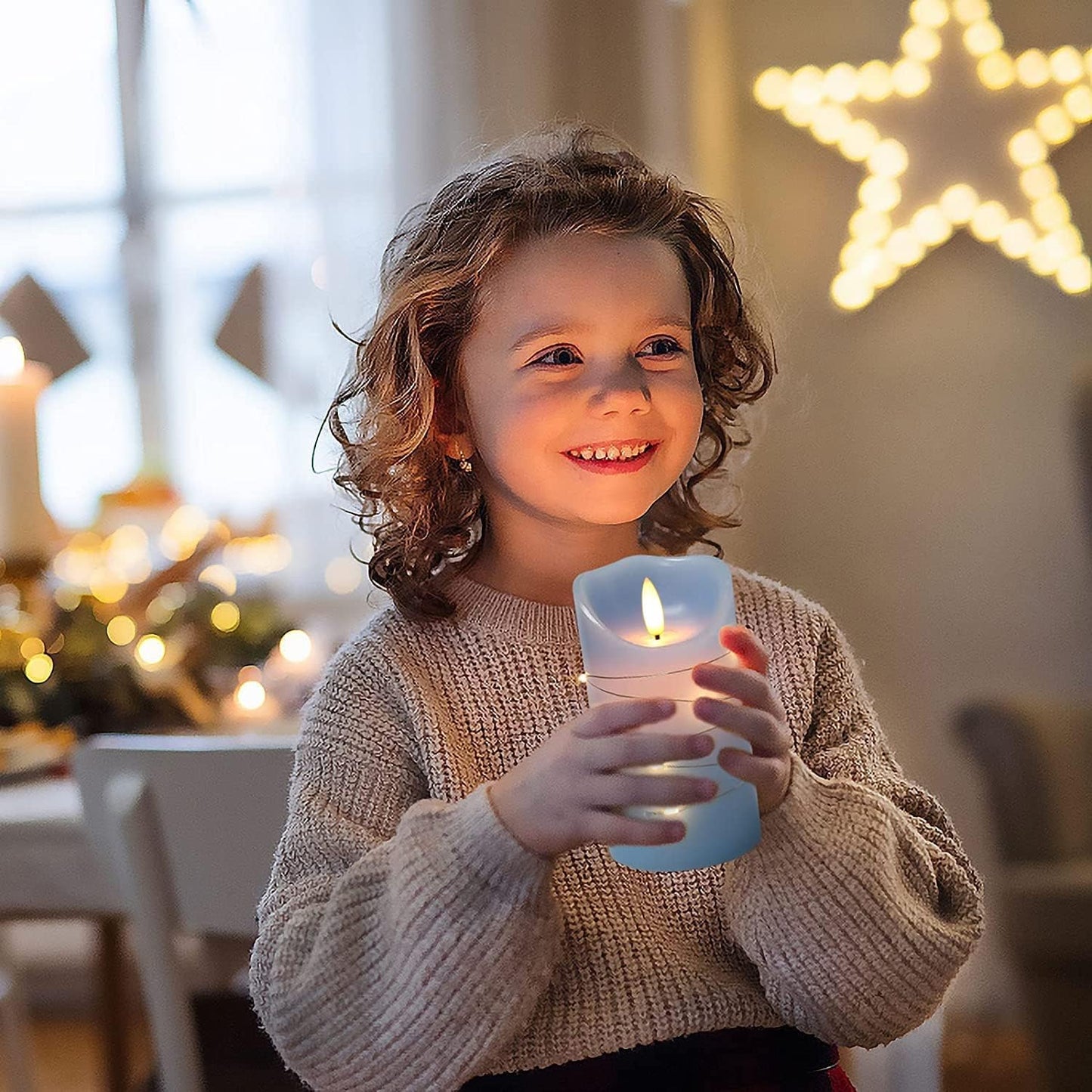 danip Sky Blue LED Flameless Candle, with Embedded Star String, 3-Piece Set of LED Candles, with 11 Button Remote