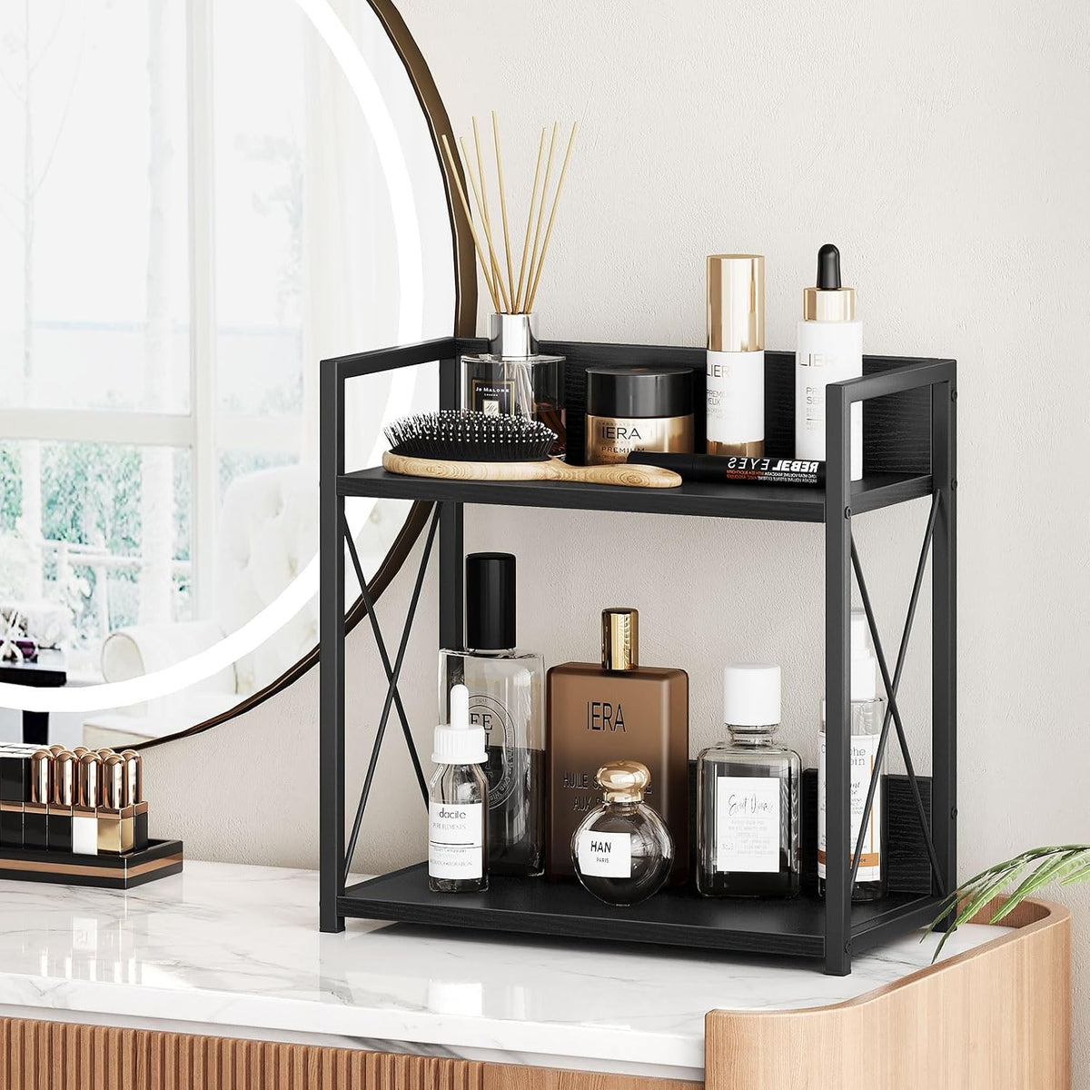 Giikin Kitchen Countertop Organizer, 2 Tier Coffee Bar Organizer, Black Spice Rack for Counter, Kitchen Counter
